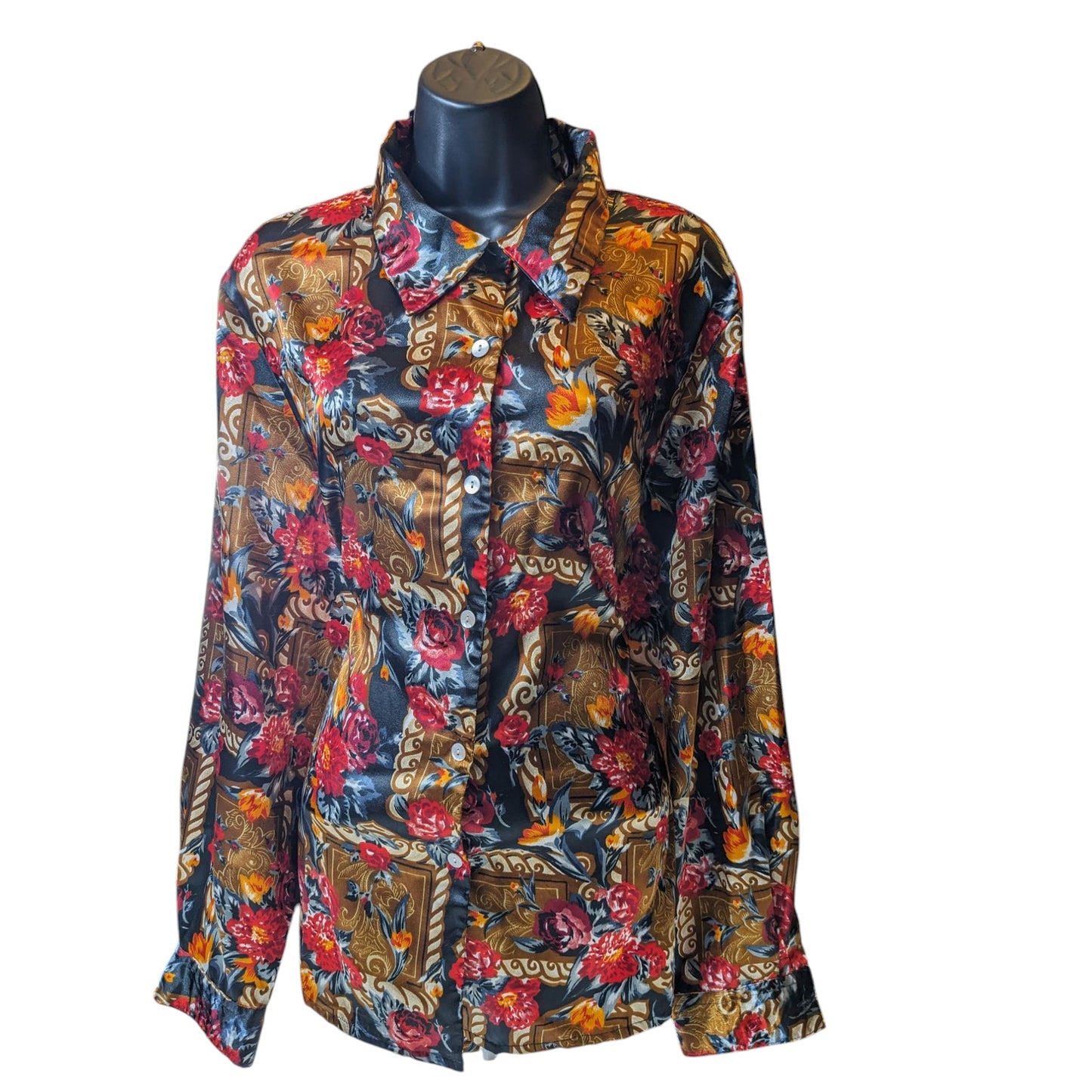 Jordan Blouse Shirt Women XL Button Floral Baroque Long Sleeve Silky Polyester