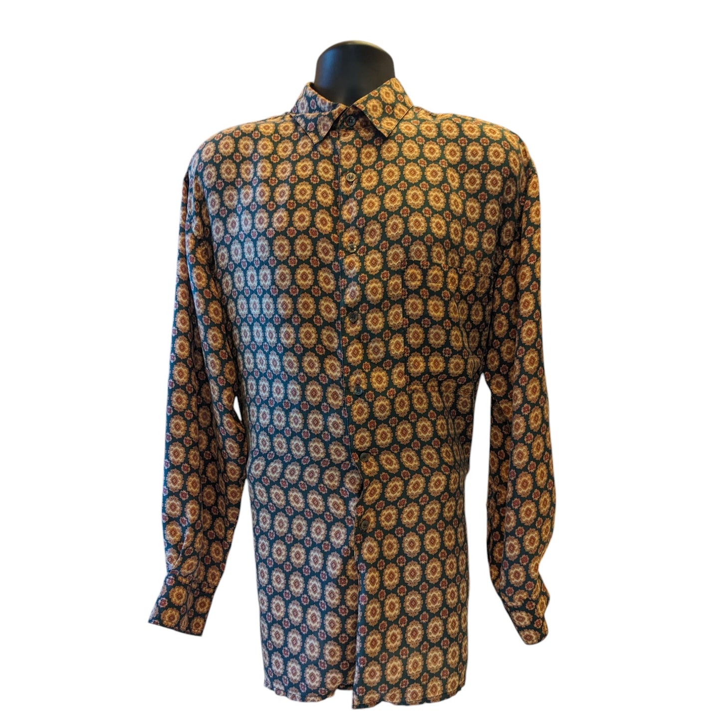 Robert Stock Silk Shirt Men Large Vintage Long Sleeve Button Geometric Paisley