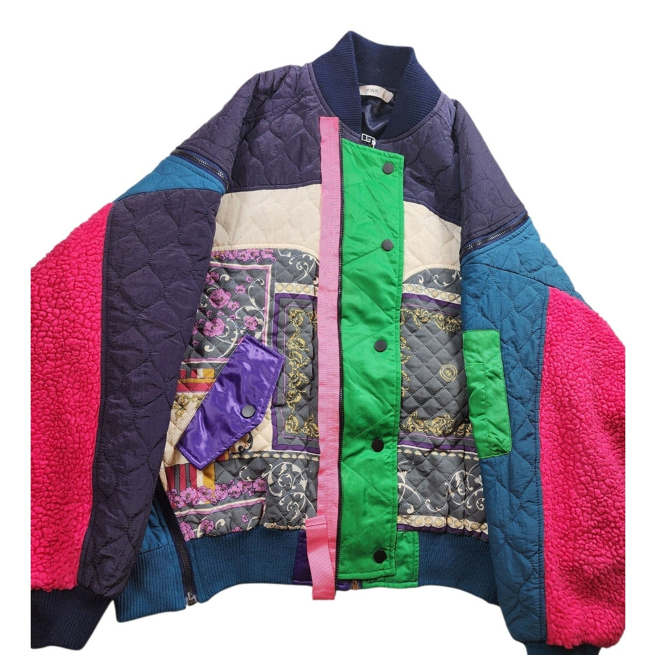 DTU Pink Colorblock Jacket M Oversized XL Quilted Patchwork Bomber Retro Street
