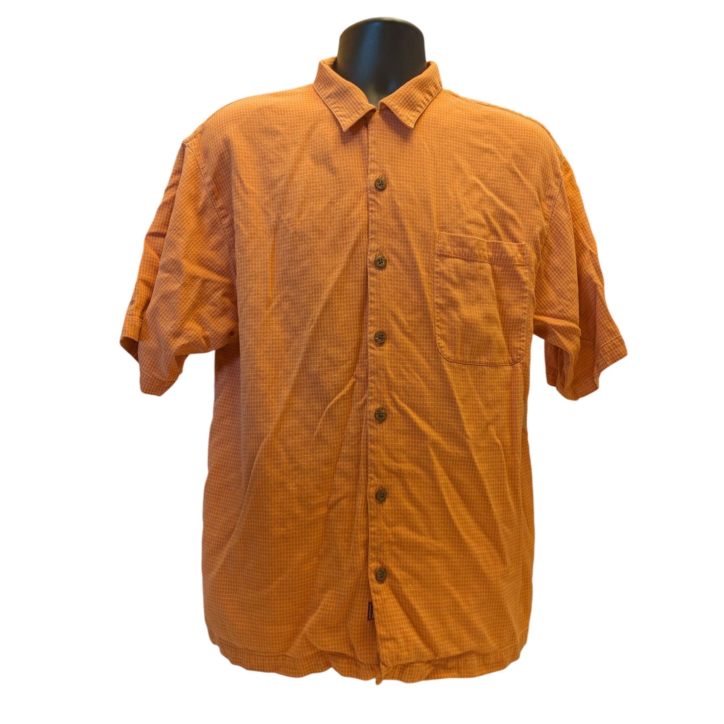Tommy Bahama Silk Shirt Mens Large Orange Check Short Sleeve Button Beach Resort