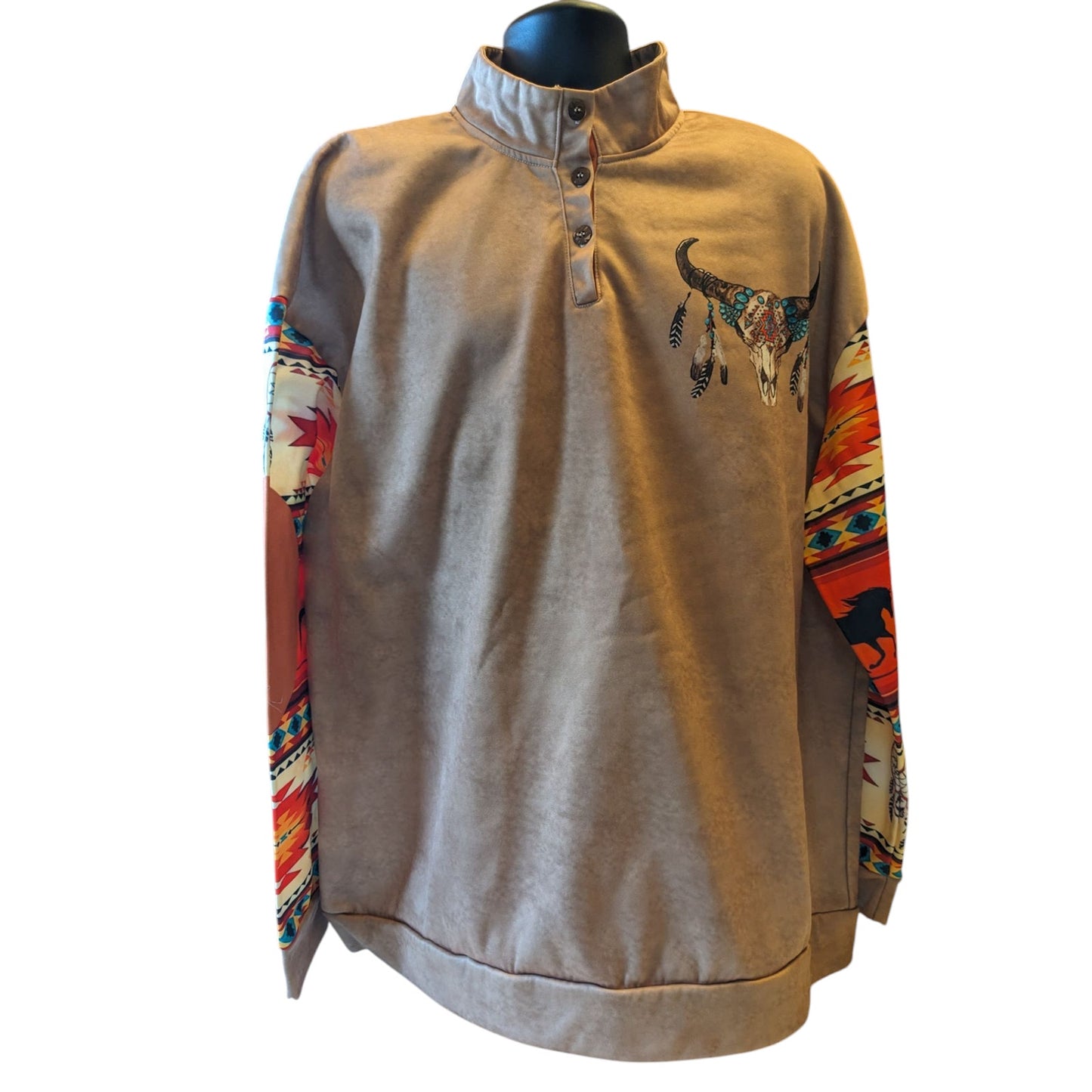 Western Pullover Shirt Sweatshirt Men 3XL Long Sleeve Aztec Skull Southwest Boho