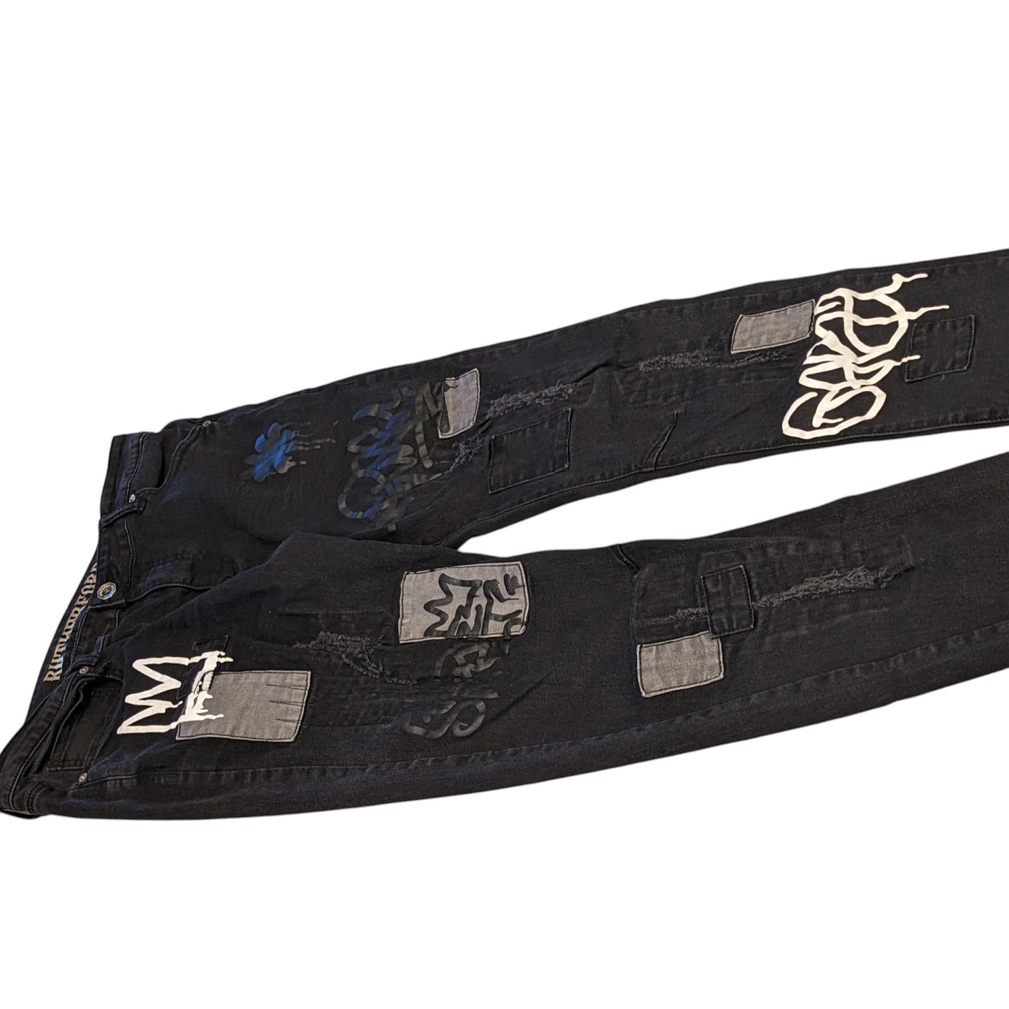 Rutherford Skinny Fit Jeans Mens 34 Distressed Graffiti Patches Streetwear Bold