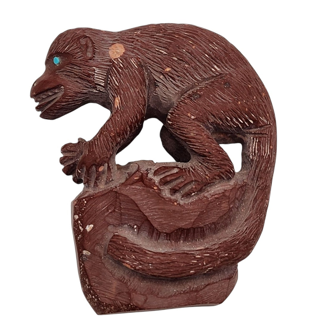 Native American Zuni Monkey Fetish Derrick Kaamasee Pipestone Carve Turquoise 4"