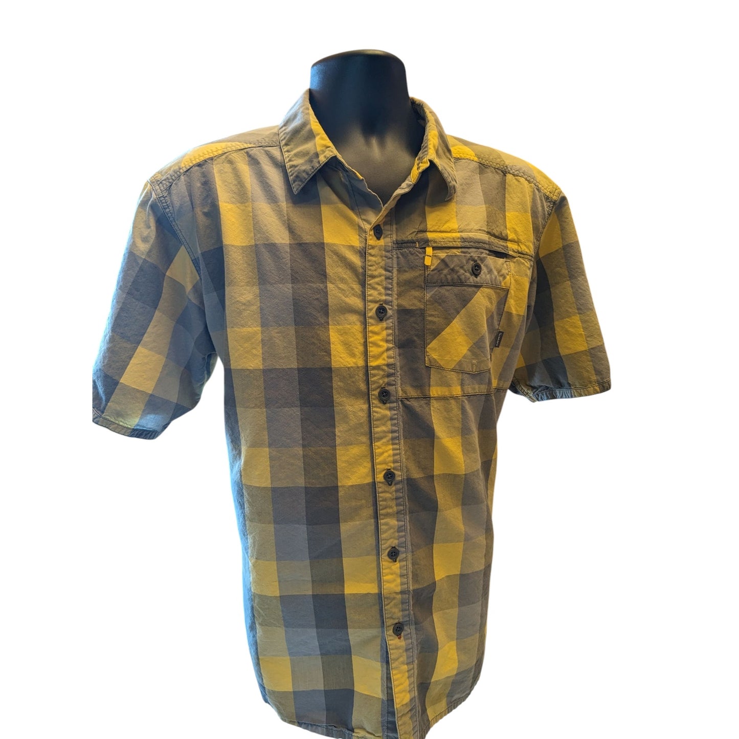 Simms Plaid Fishing Shirt Mens XL Yellow Short Sleeve Casual Outdoor Lightweight