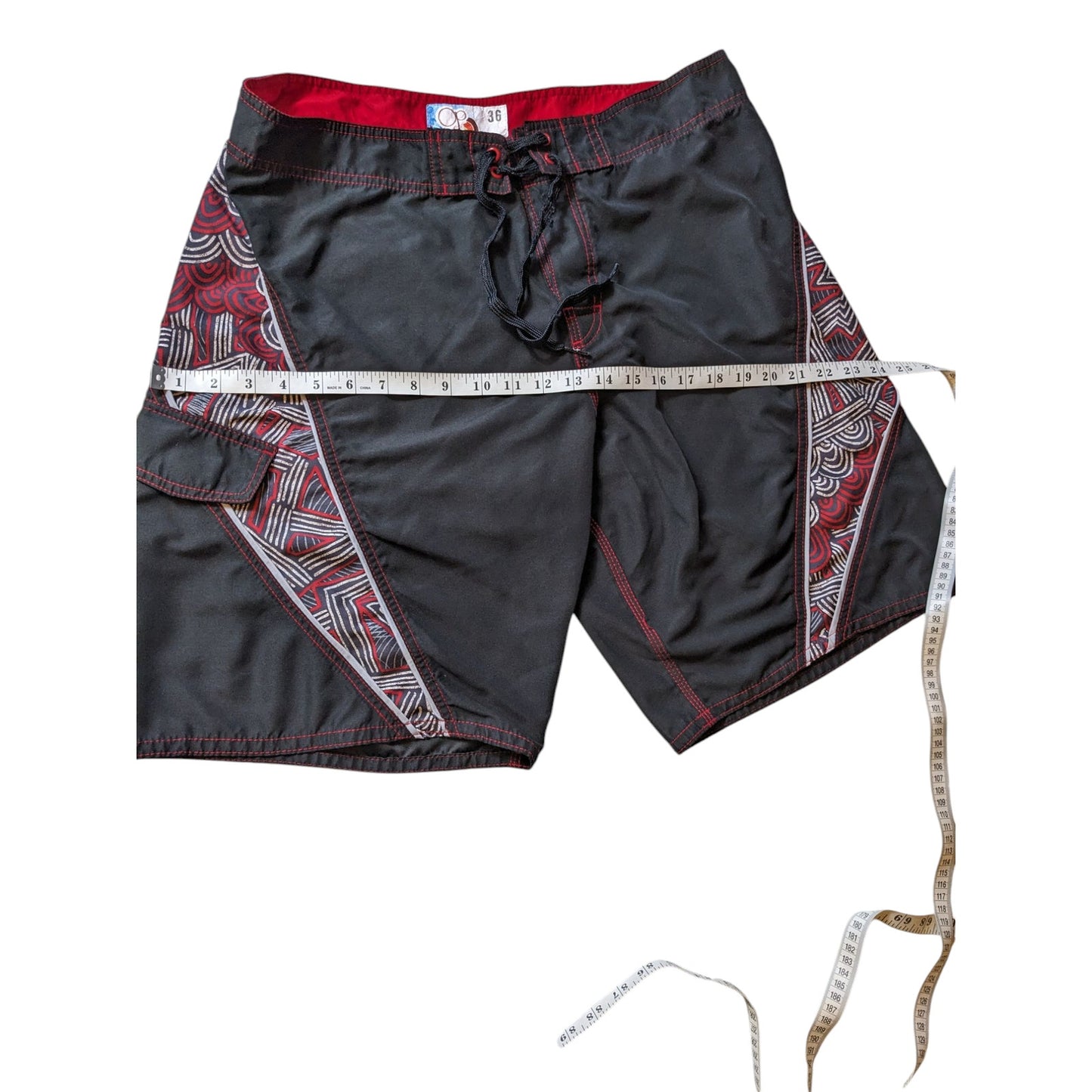 OP Board Shorts Mens 36 Black Red Tribal Print Swim Surfwear Ocean Pacific Beach