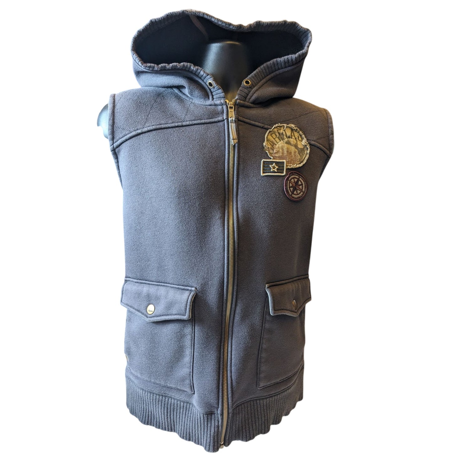 Cabelas Sleeveless Hoodie Vest Womens 2XL Mens XL Fleece Patches Streetwear Zip