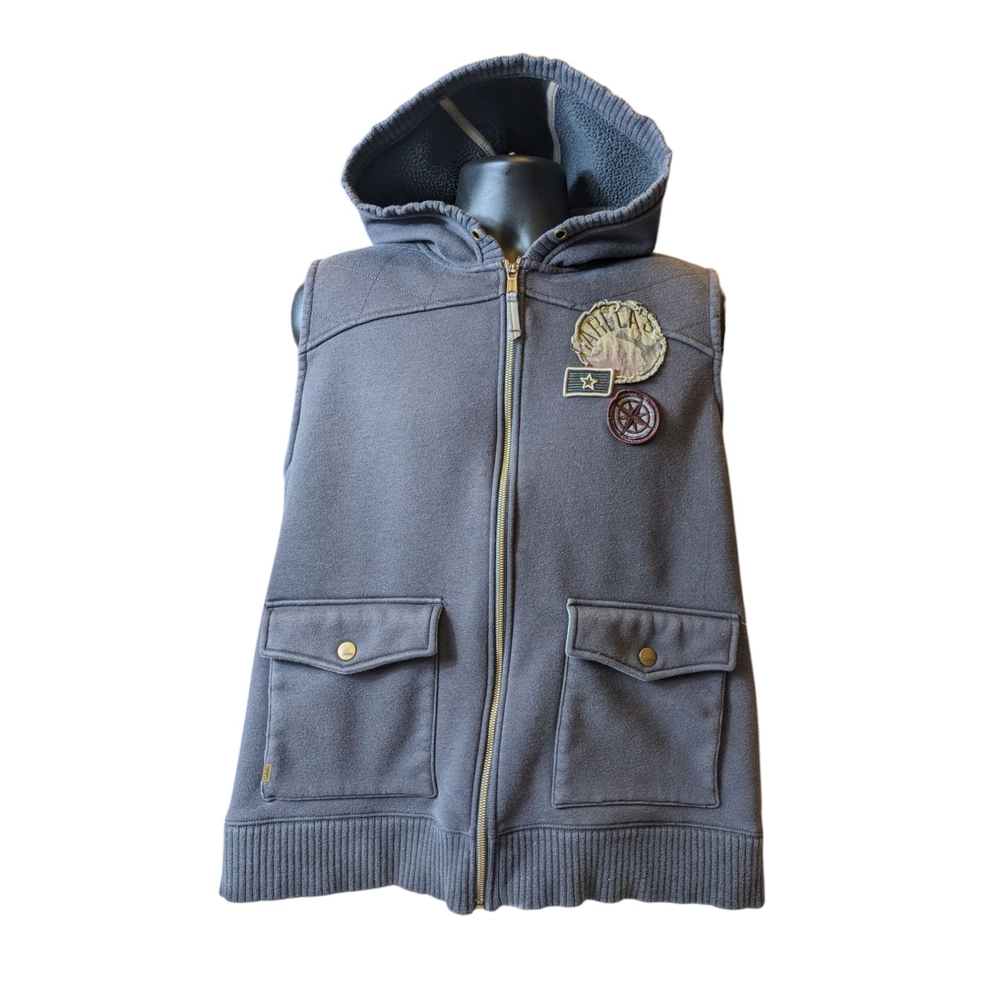 Cabelas Sleeveless Hoodie Vest Womens 2XL Mens XL Fleece Patches Streetwear Zip