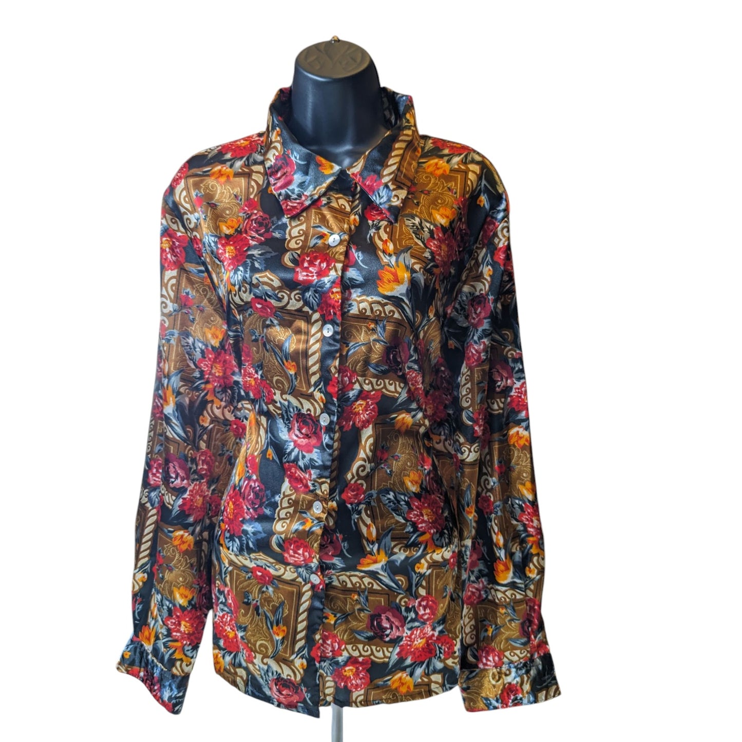 Jordan Blouse Shirt Women XL Button Floral Baroque Long Sleeve Silky Polyester