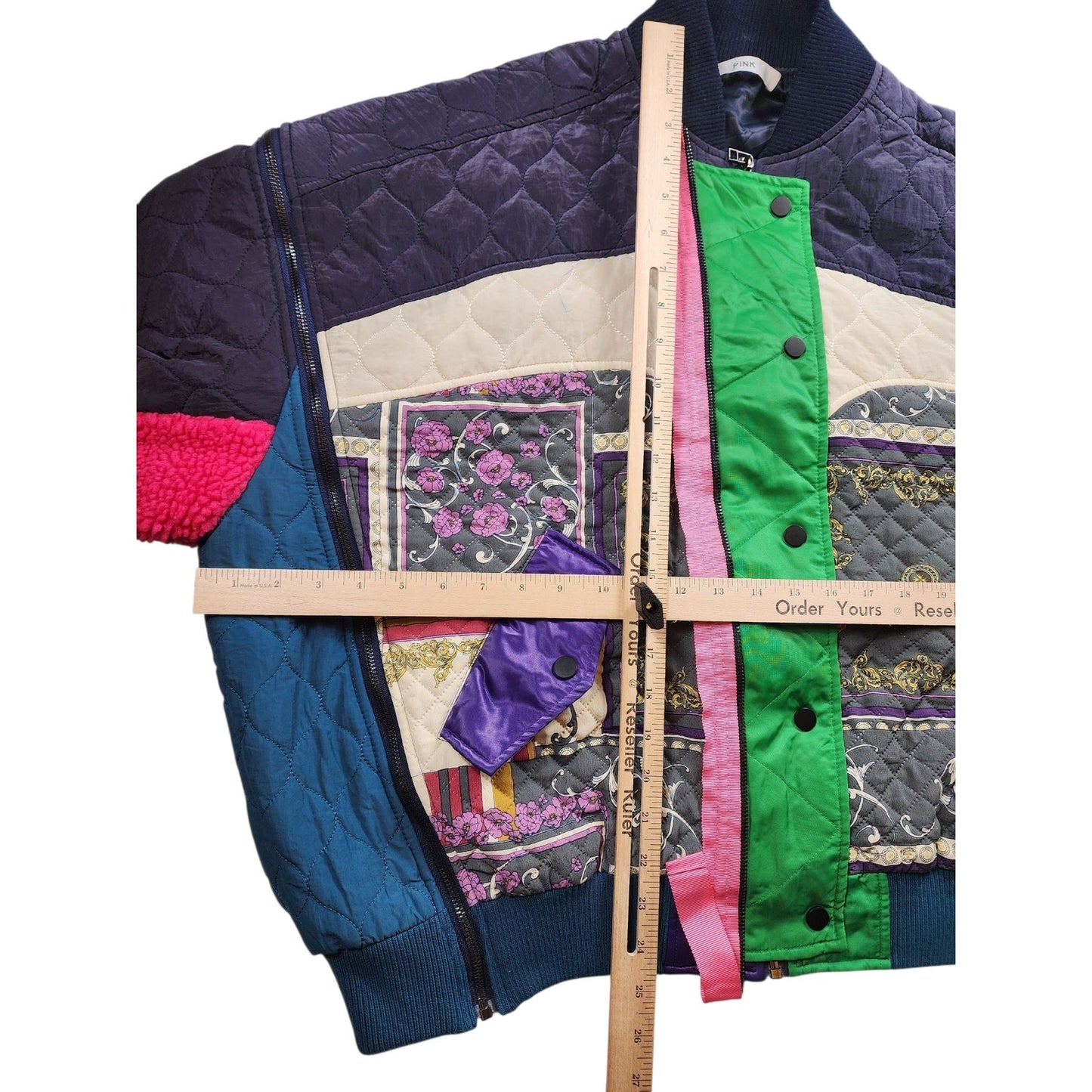 DTU Pink Colorblock Jacket M Oversized XL Quilted Patchwork Bomber Retro Street