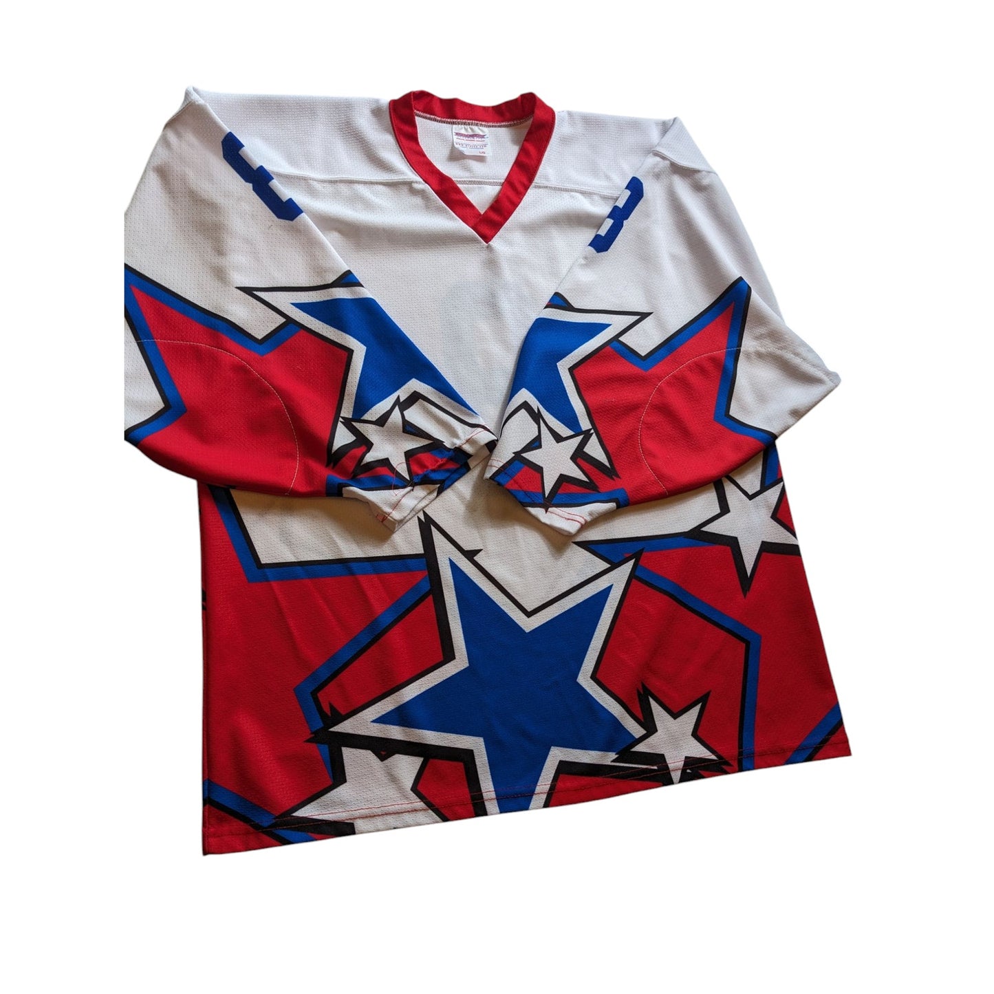 Projoy Hockey Jersey #8 Adult Large White Red Blue Stars Graphic Canada Vintage