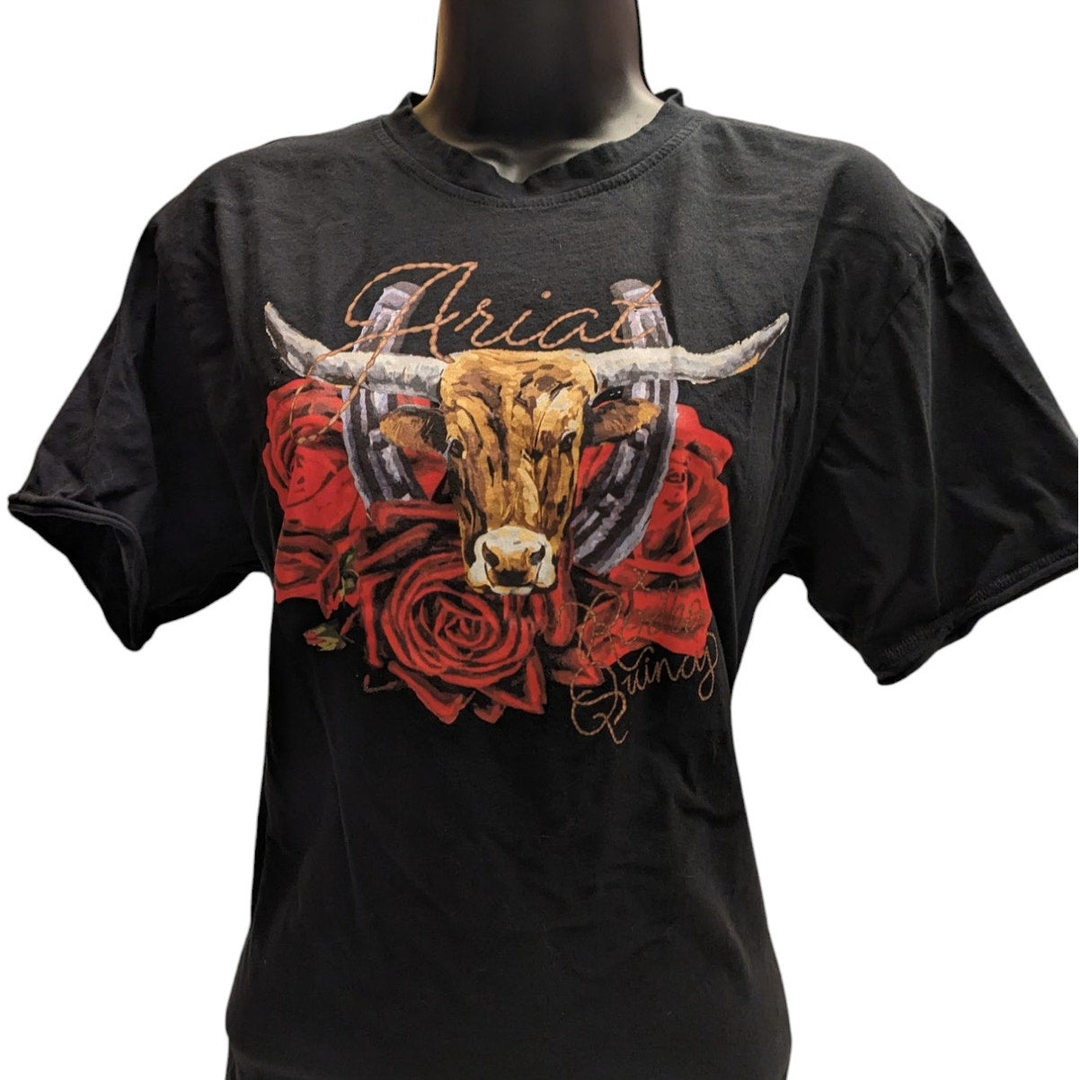 Ariat Western T Shirt Women Small Boyfriend Longhorn Roses Tee Rodeo Cowgirl Top