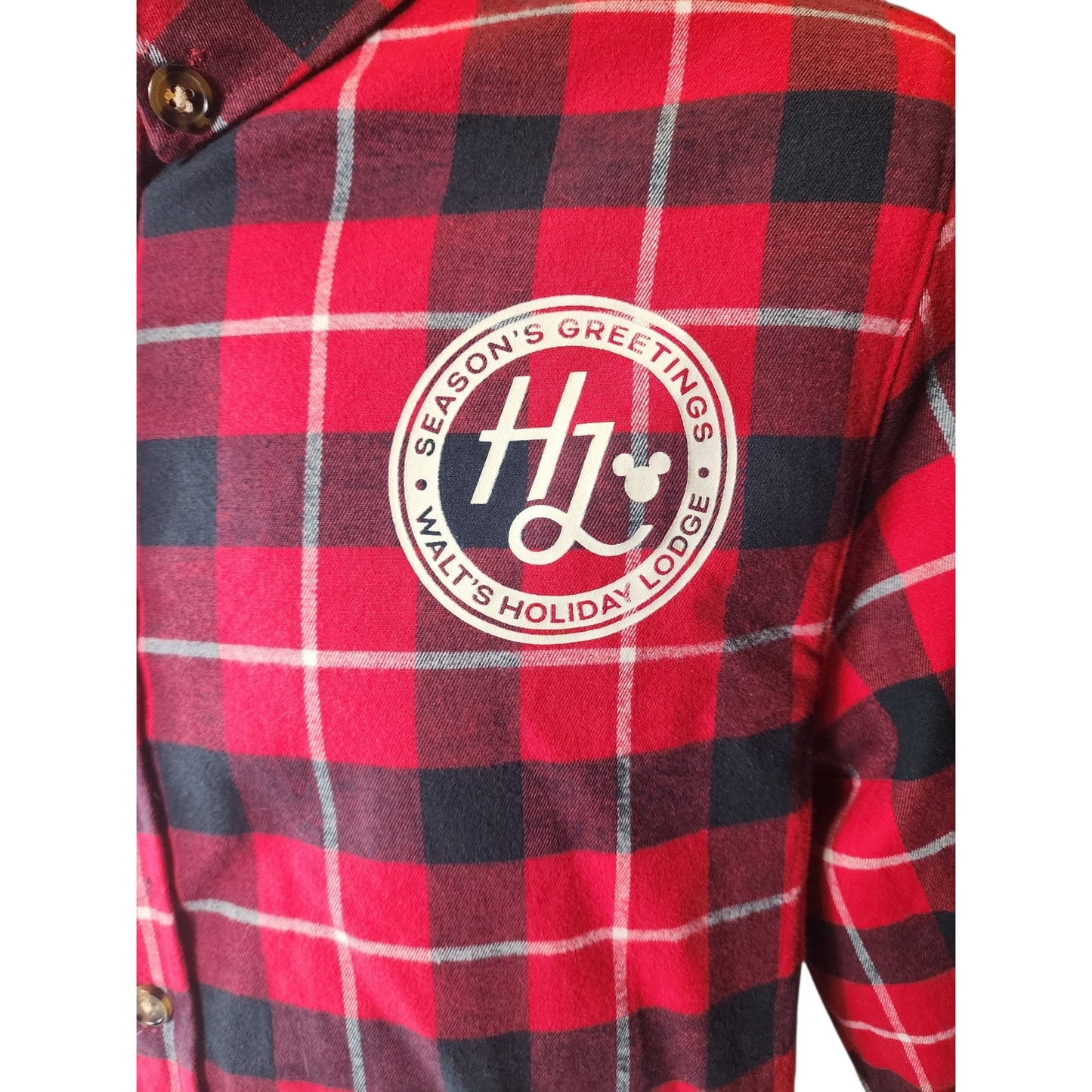 Disney Mickey Plaid Flannel Shirt Large Seasons Greeting Holiday Lodge Christmas