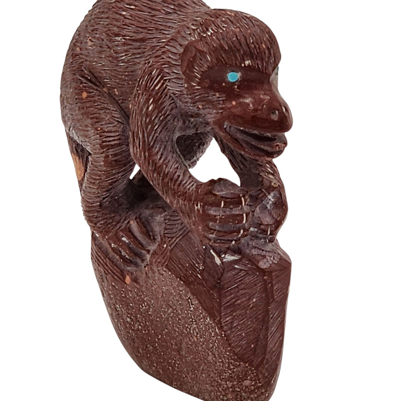 Native American Zuni Monkey Fetish Derrick Kaamasee Pipestone Carve Turquoise 4"