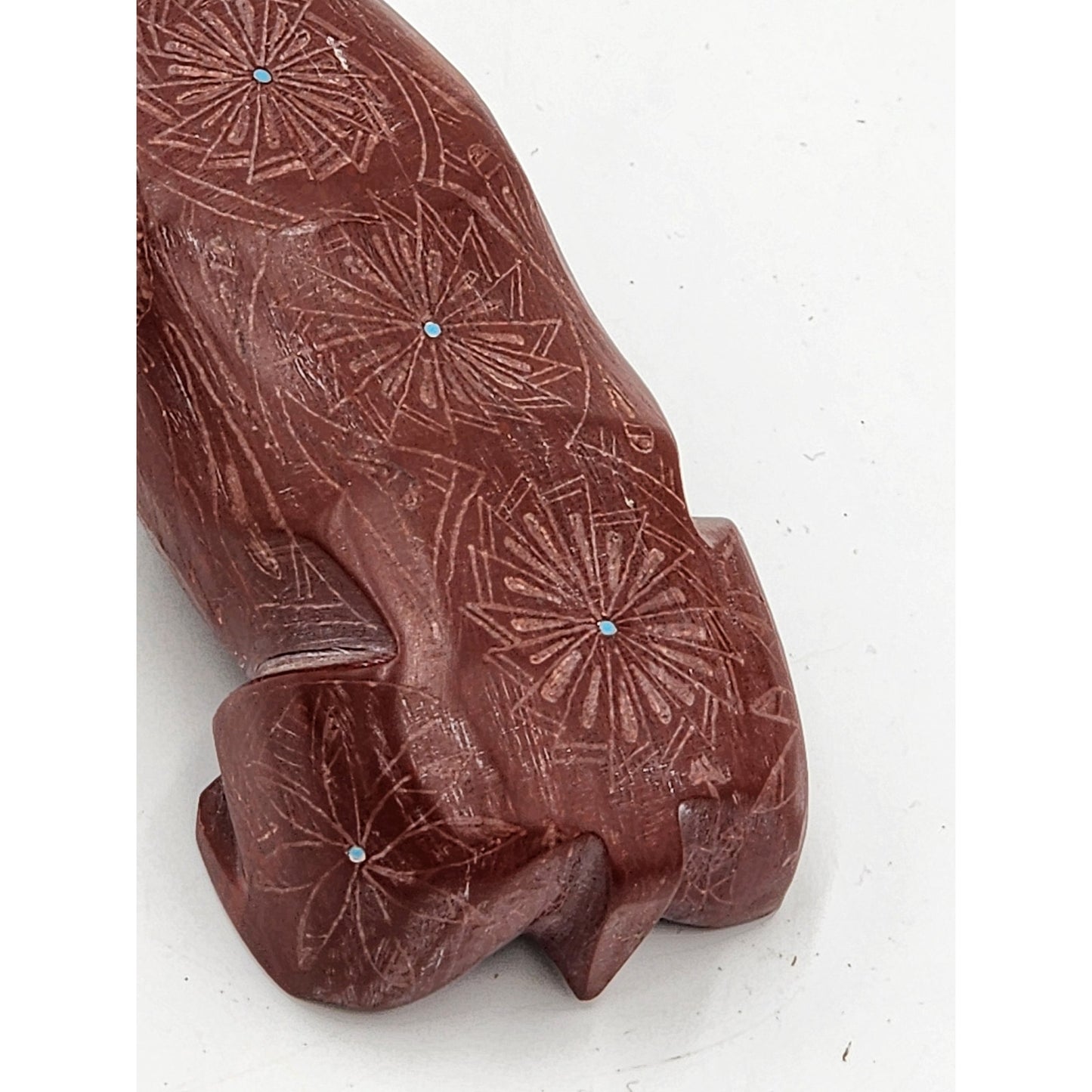 Native American Zuni Bear Fetish Derrick Kaamasee Pipestone Carving Turquoise 4"