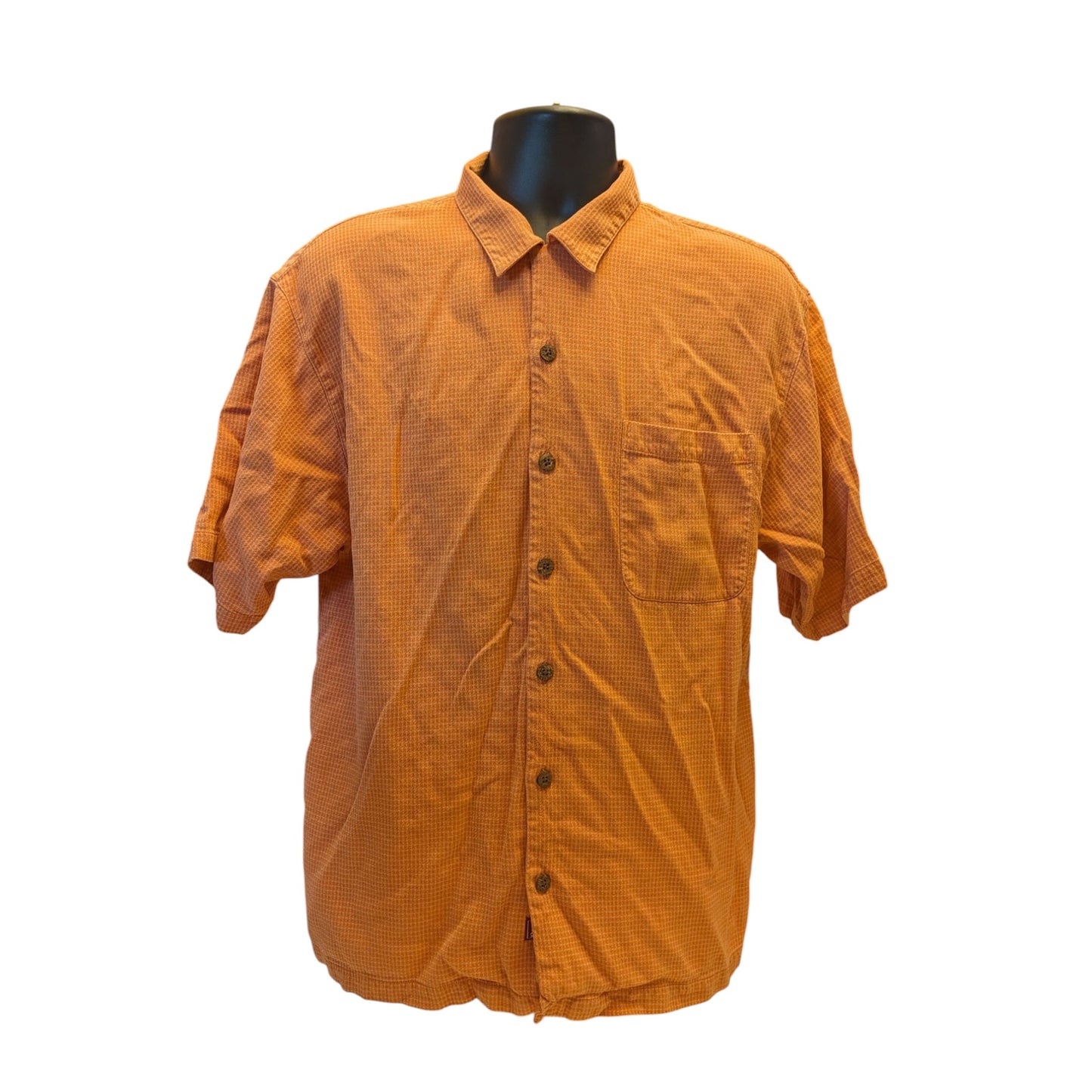 Tommy Bahama Silk Shirt Mens Large Orange Check Short Sleeve Button Beach Resort