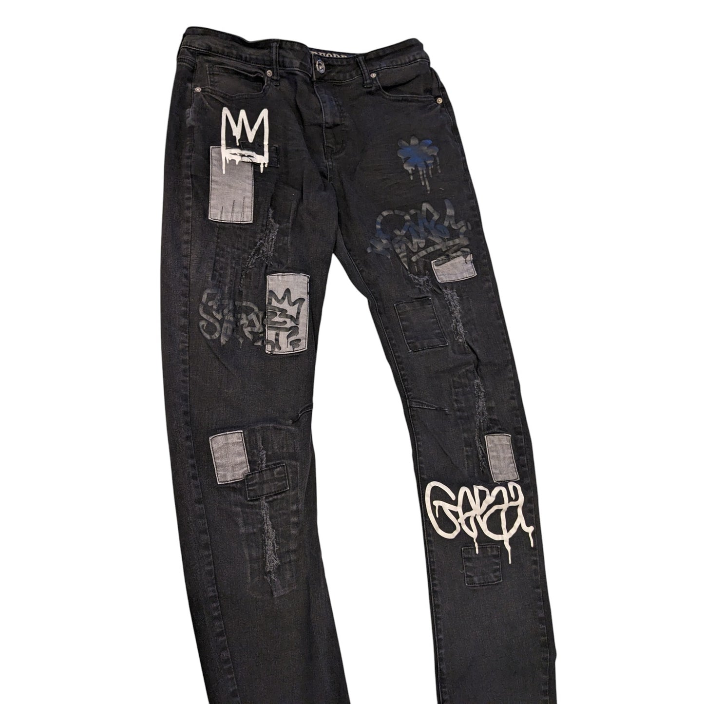 Rutherford Skinny Fit Jeans Mens 34 Distressed Graffiti Patches Streetwear Bold
