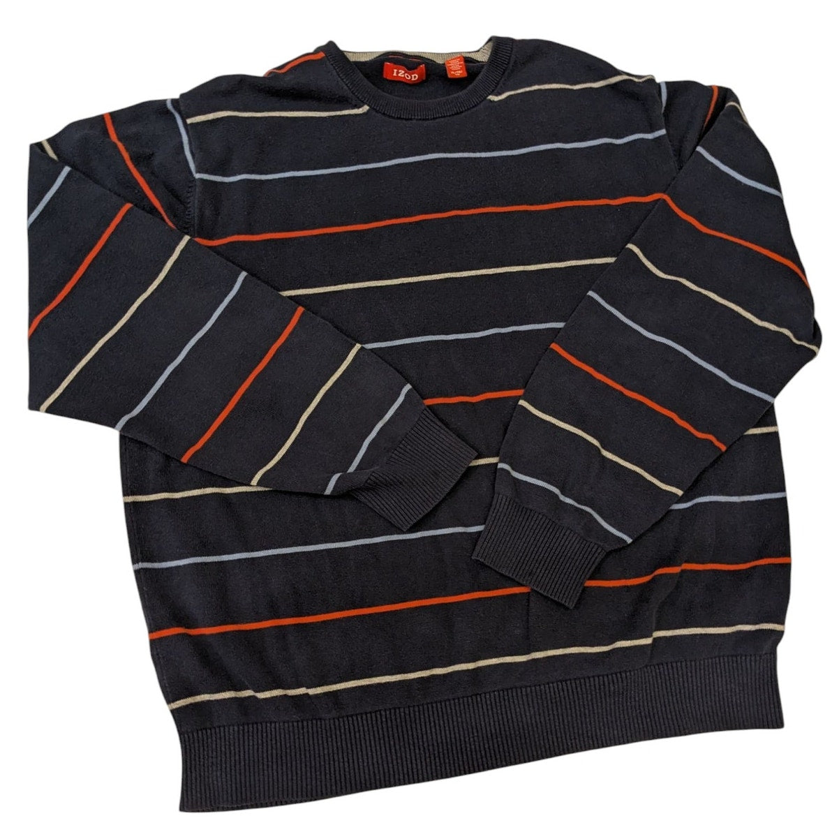 IZOD Sweater Womens XL Black Striped Crewneck Pullover Casual Knit Long Sleeve