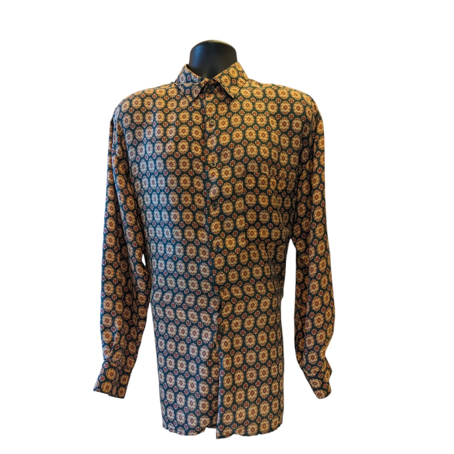 Robert Stock Silk Shirt Men Large Vintage Long Sleeve Button Geometric Paisley