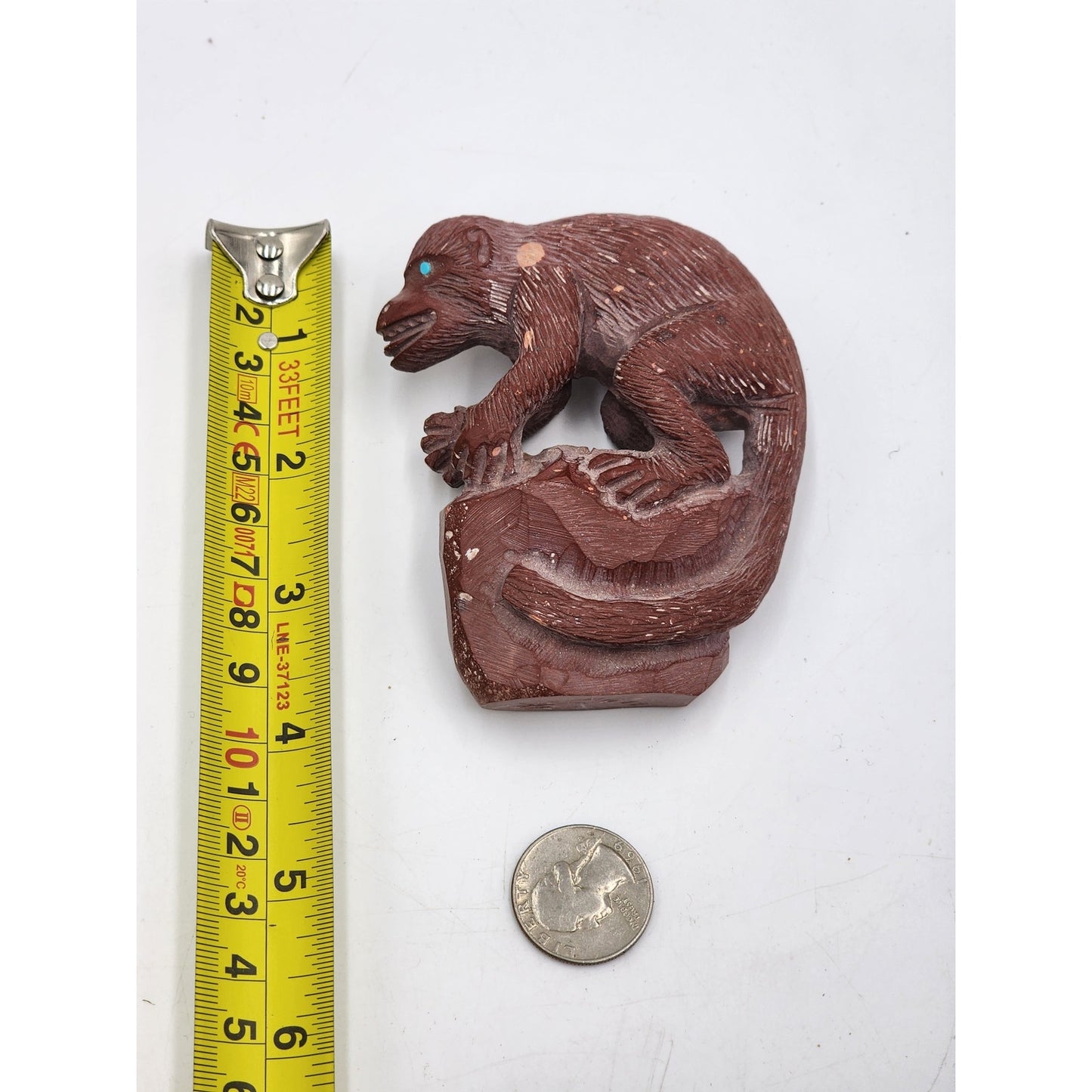 Native American Zuni Monkey Fetish Derrick Kaamasee Pipestone Carve Turquoise 4"