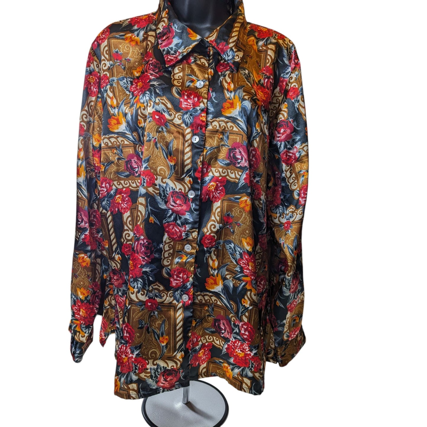 Jordan Blouse Shirt Women XL Button Floral Baroque Long Sleeve Silky Polyester