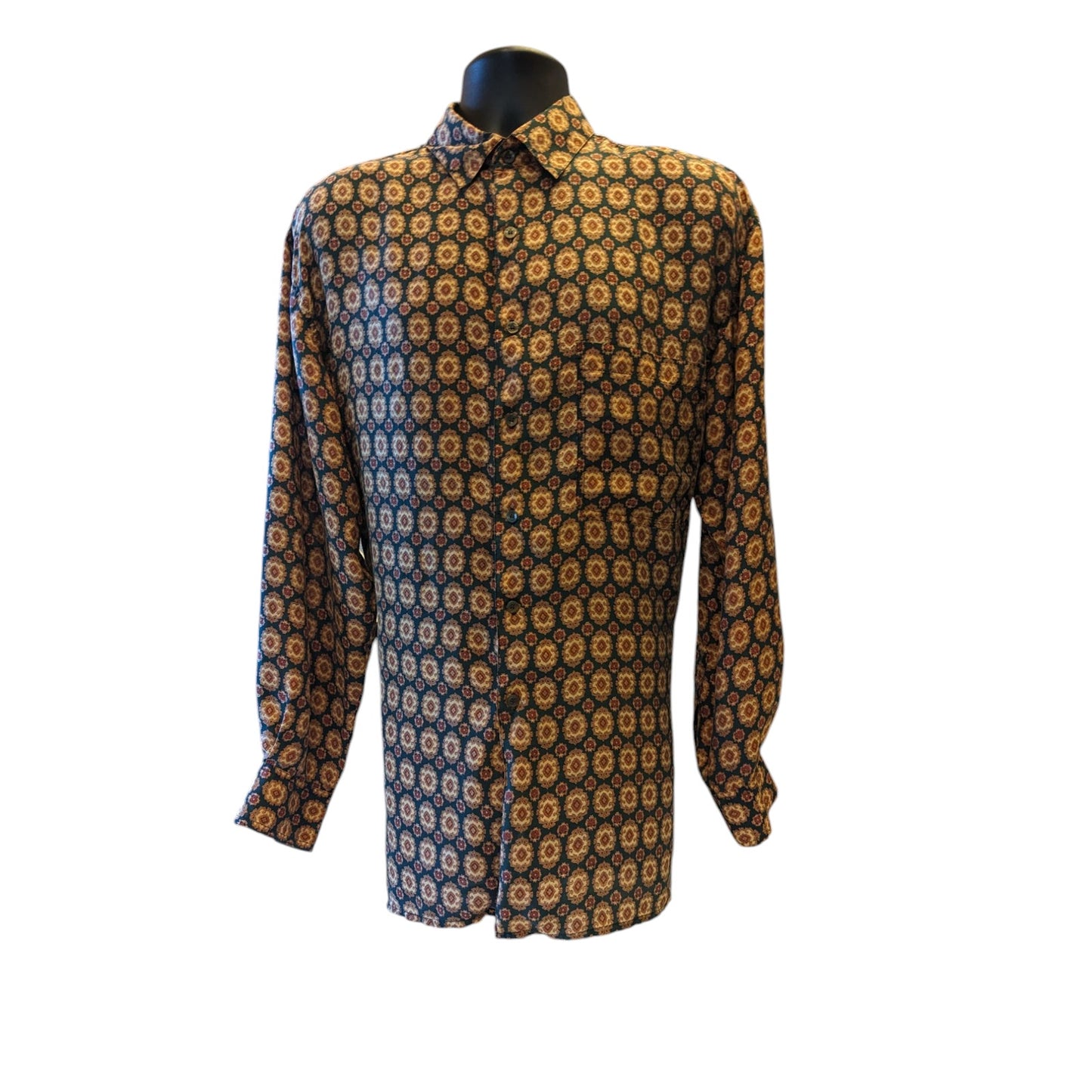 Robert Stock Silk Shirt Men Large Vintage Long Sleeve Button Geometric Paisley