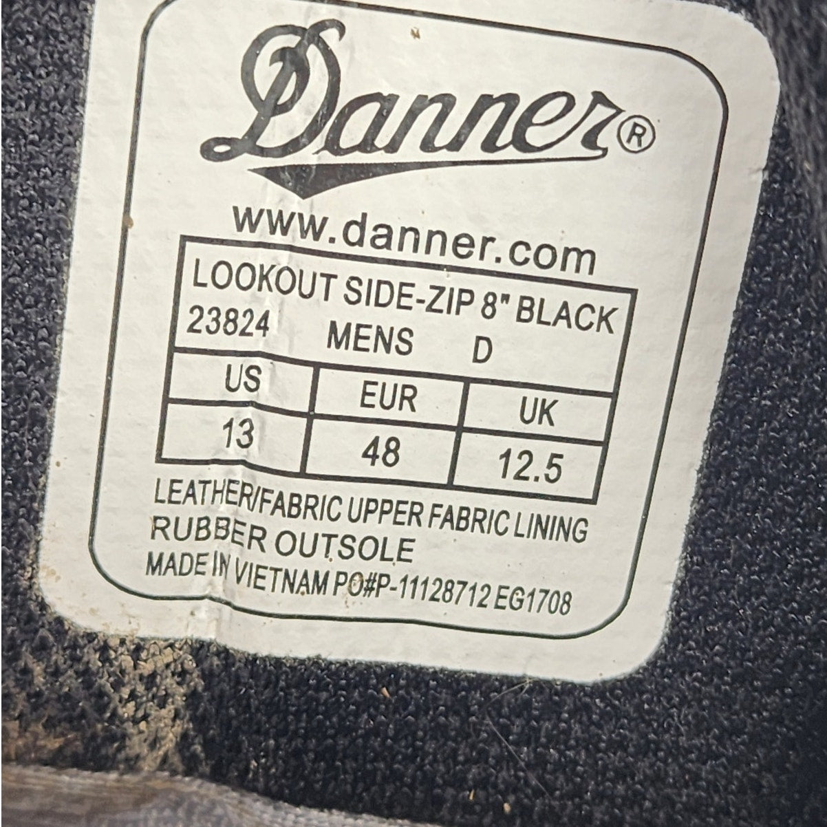 Danner Boots Lookout Side Zip 8" Mens 13 Black Tactical Combat Workwear 23824