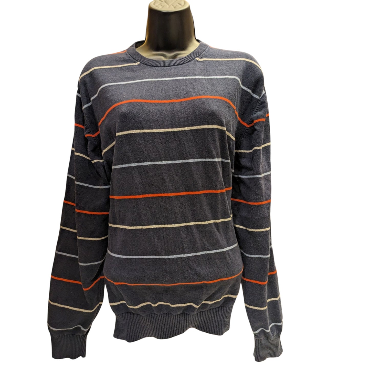 IZOD Sweater Womens XL Black Striped Crewneck Pullover Casual Knit Long Sleeve