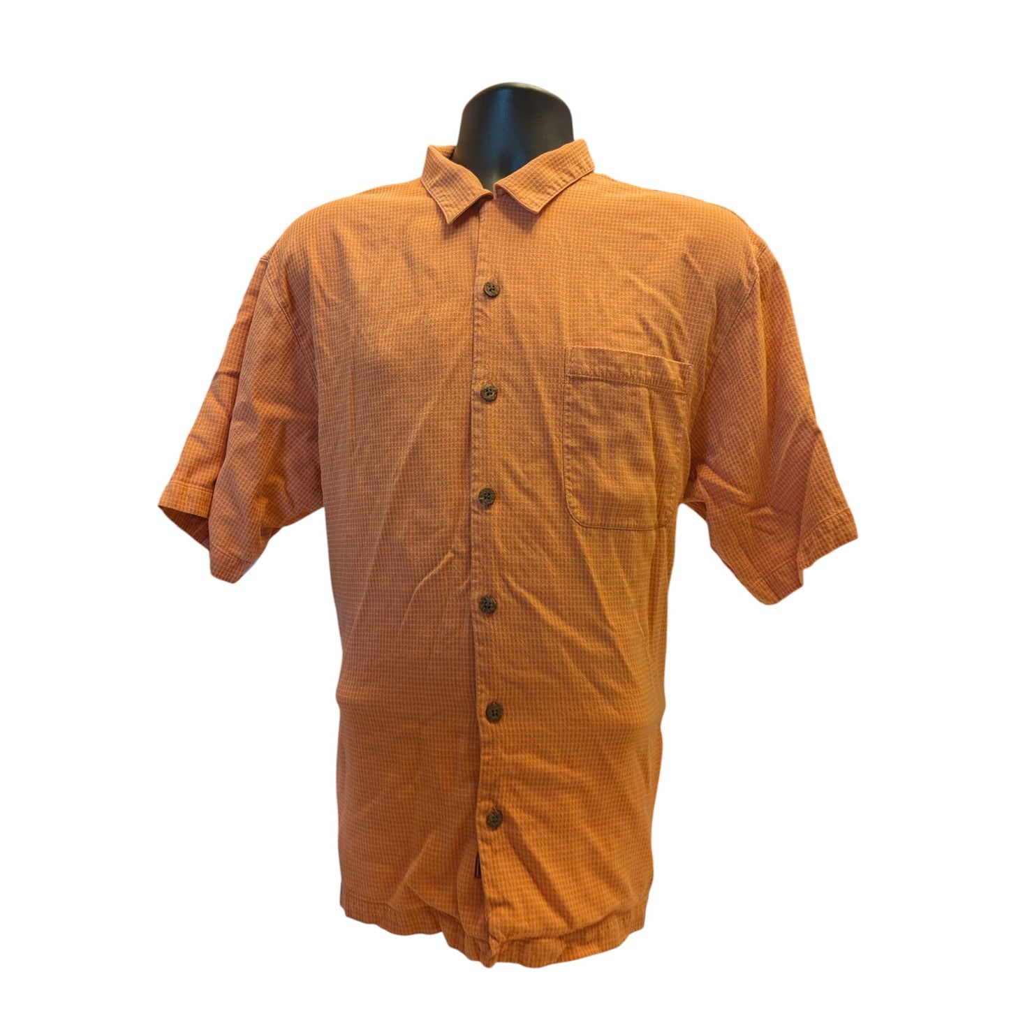 Tommy Bahama Silk Shirt Mens Large Orange Check Short Sleeve Button Beach Resort