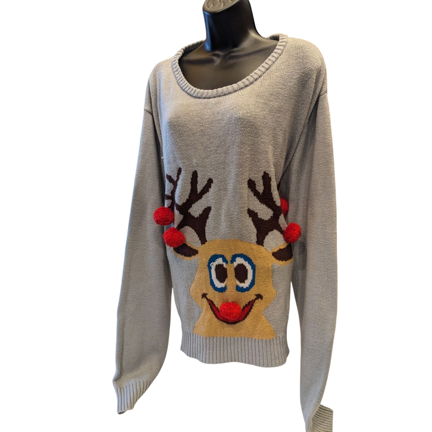 Ugly Christmas Sweater Women 2XL Reindeer 3D PomPom Acrylic Pullover Long Sleeve