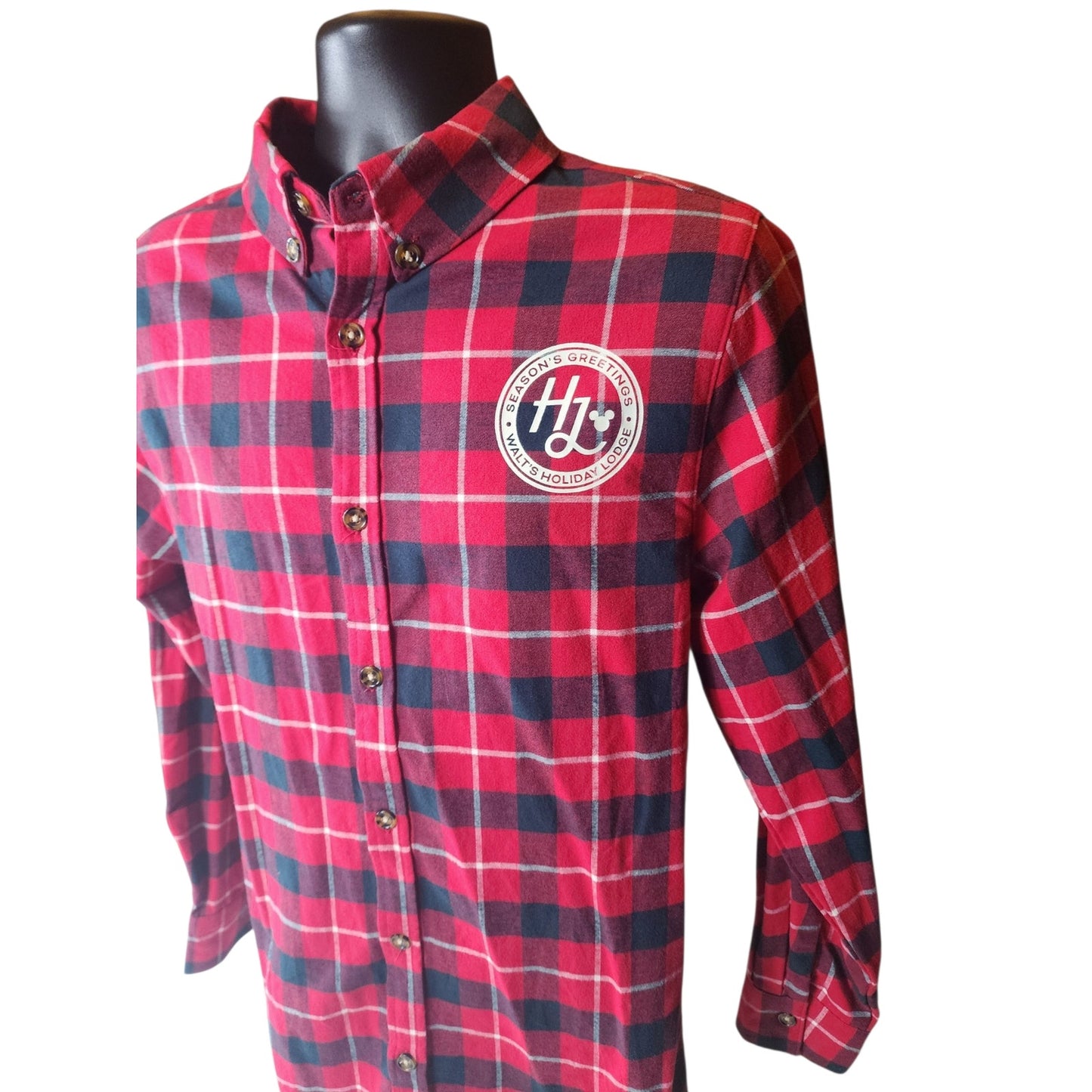 Disney Mickey Plaid Flannel Shirt Large Seasons Greeting Holiday Lodge Christmas