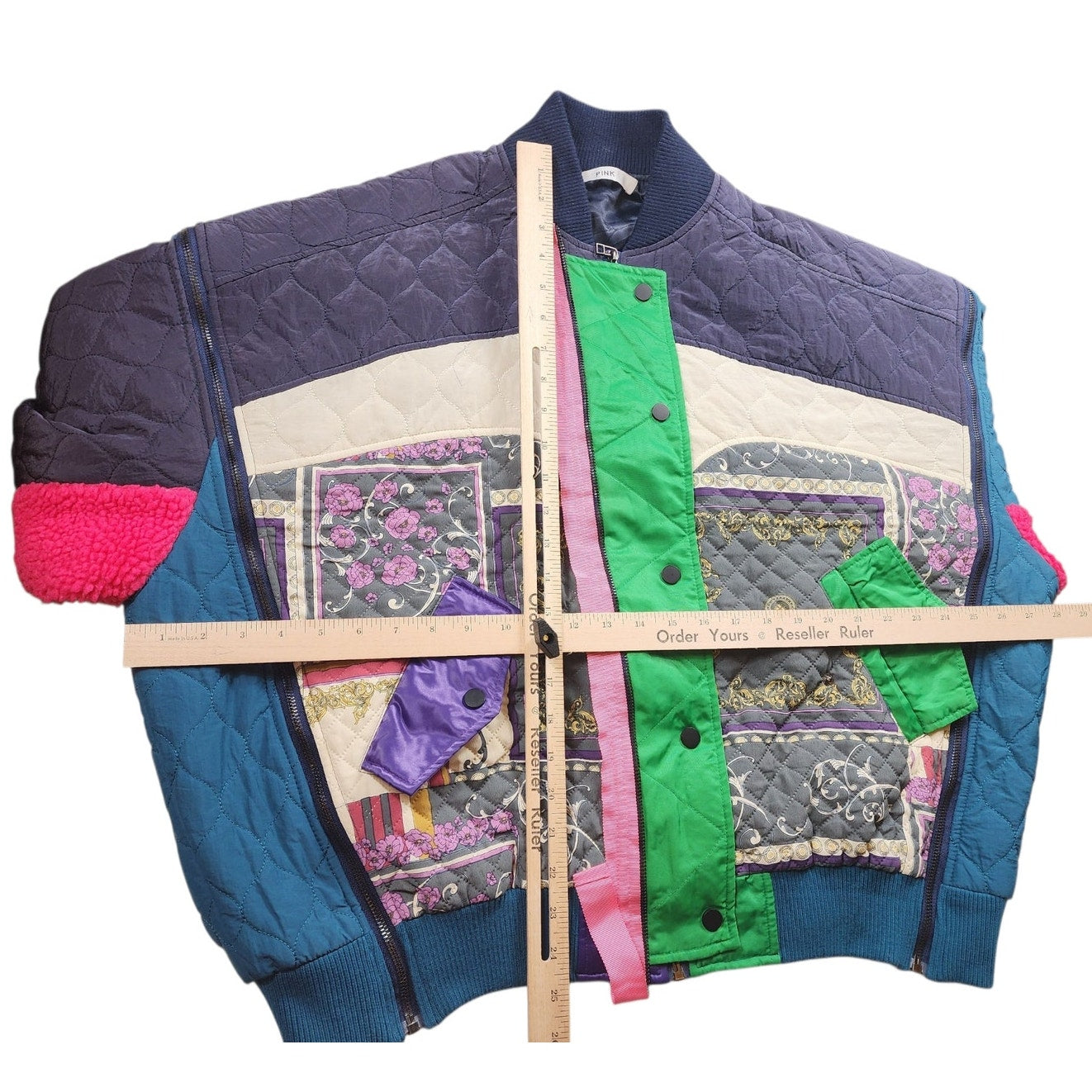 DTU Pink Colorblock Jacket M Oversized XL Quilted Patchwork Bomber Retro Street