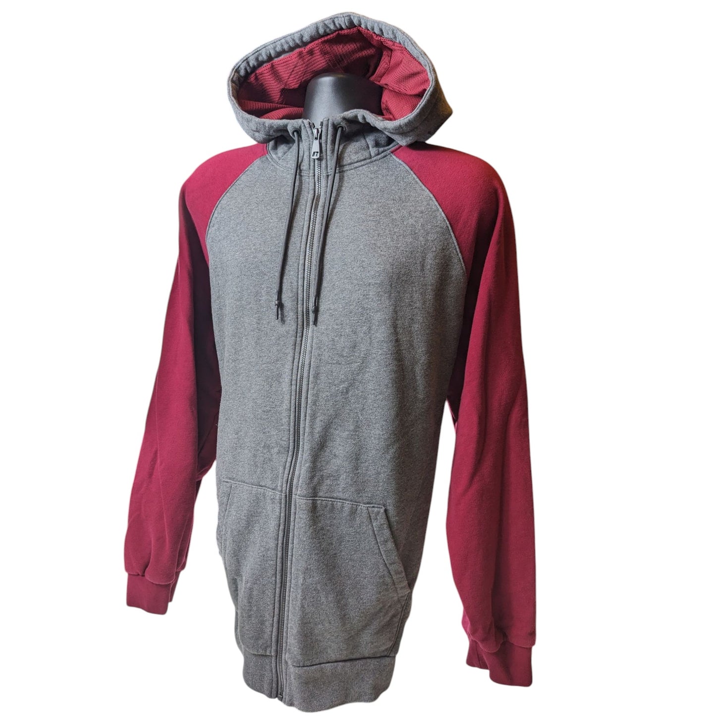 Russell Hoodie Mens 2XL Full Zip Premium Fleece Gray Maroon Hooded Sweatshirt