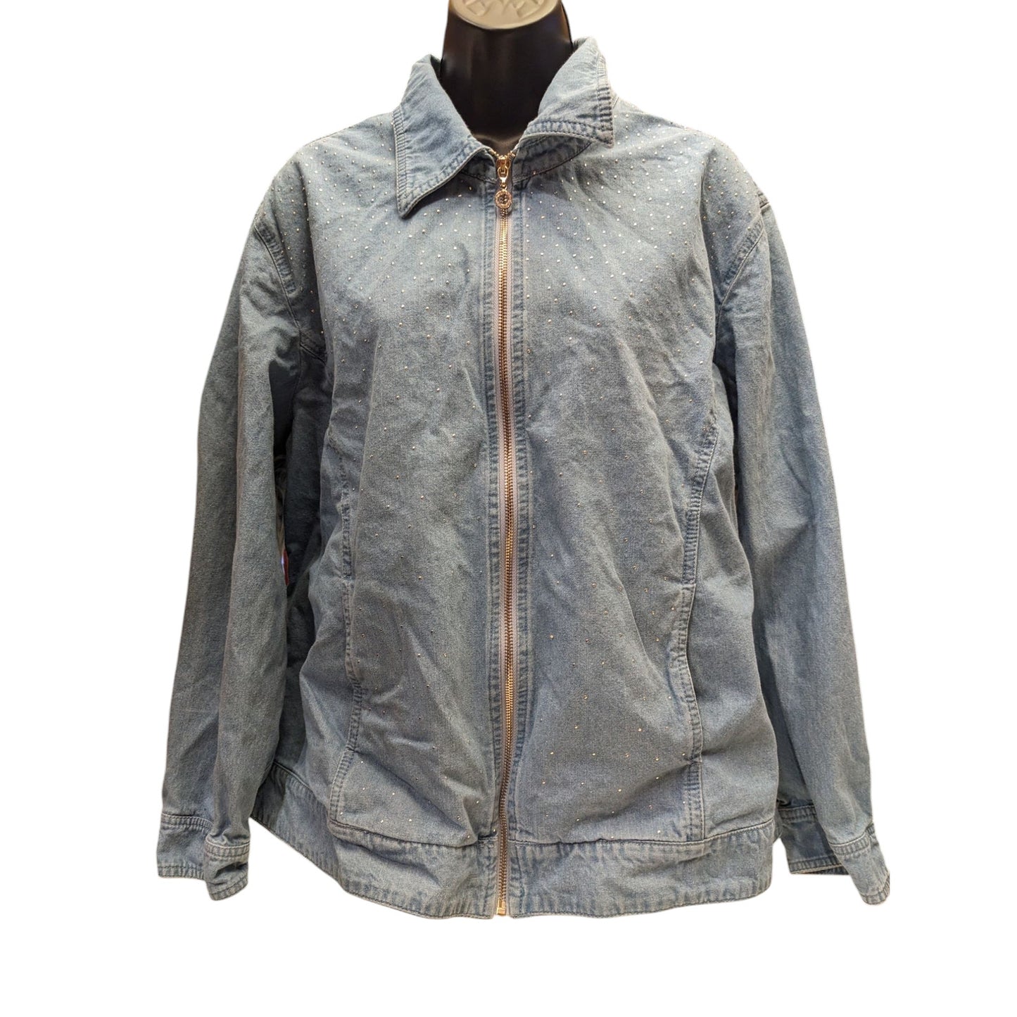 Cathy Daniels Denim Jacket Womens 1X Zip Front Blue Studded Cotton Spring