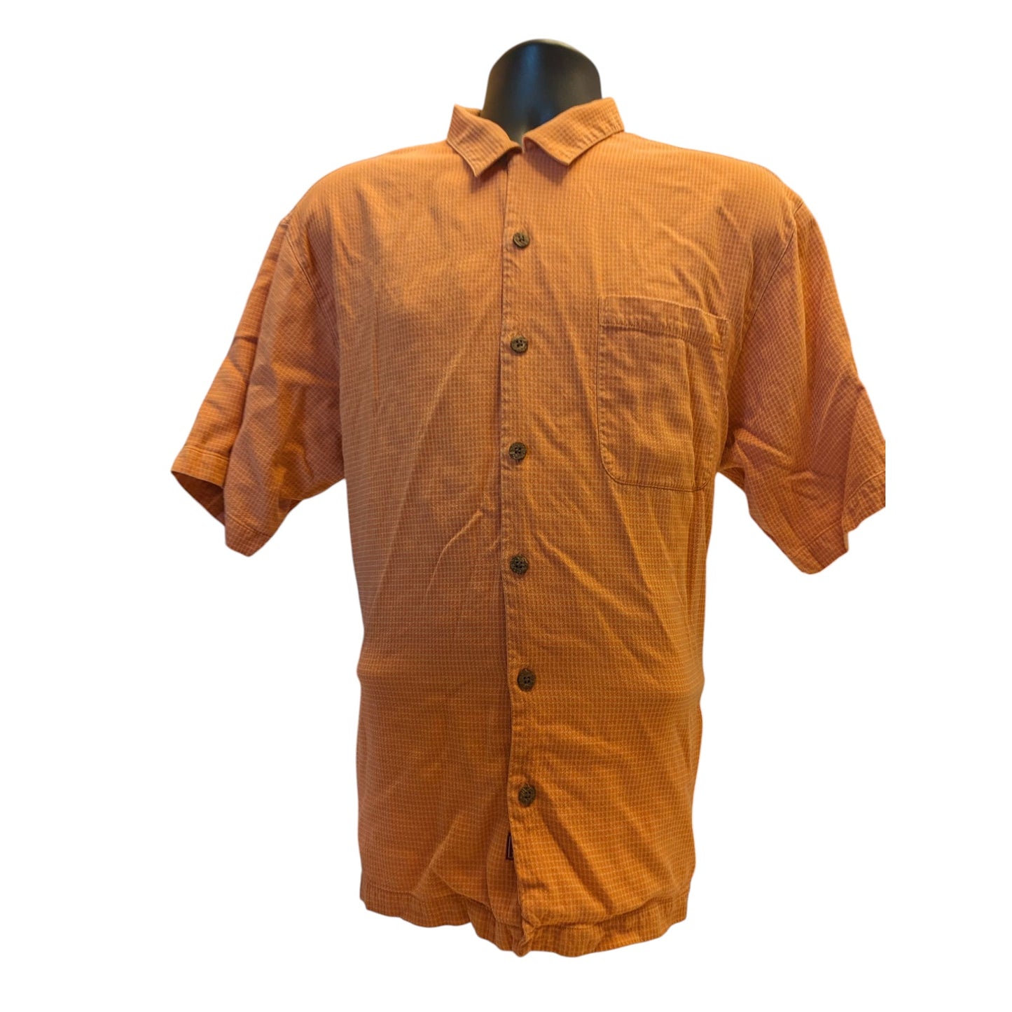Tommy Bahama Silk Shirt Mens Large Orange Check Short Sleeve Button Beach Resort