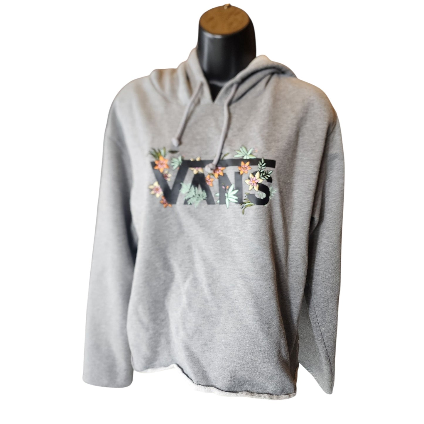 VANS Hoodie Womens Medium Floral Embroidered Raw Hem Cut Off Pullover Sweatshirt