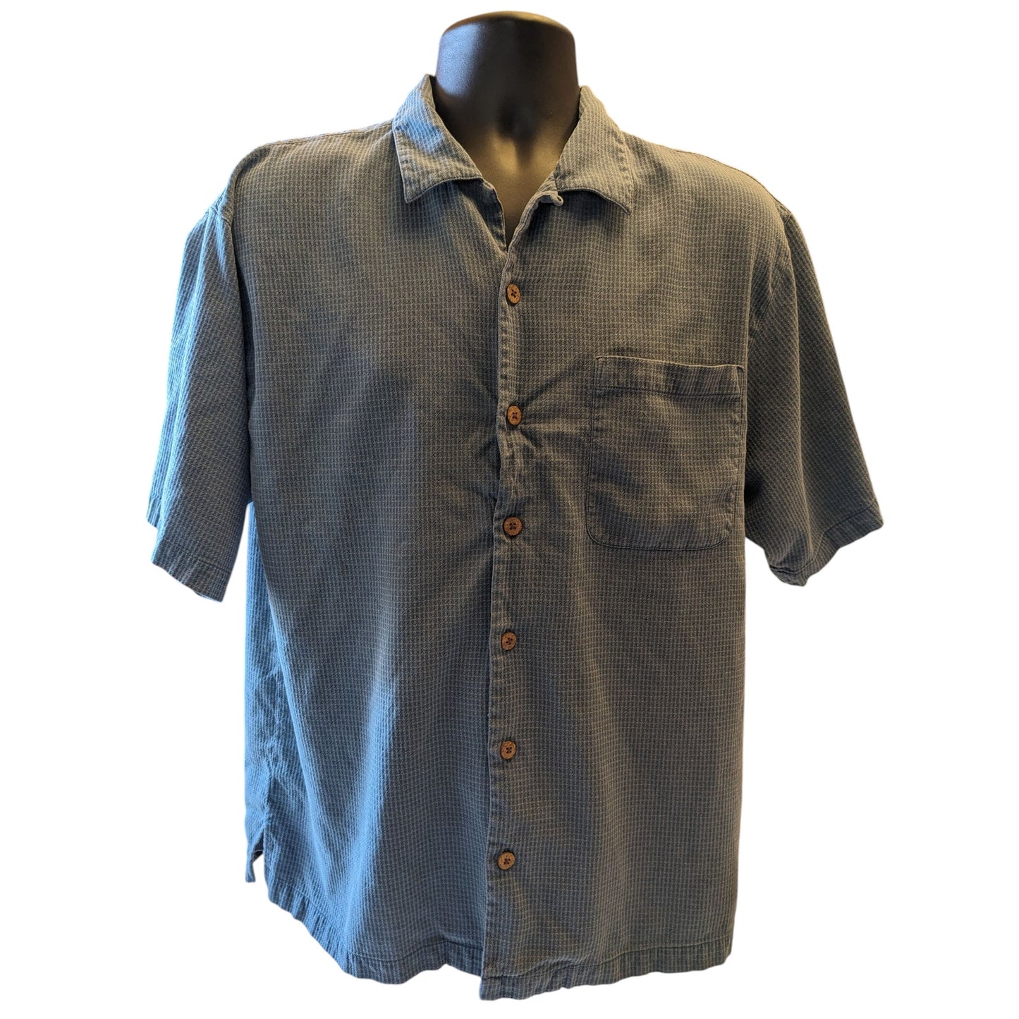 Tommy Bahama Mens Large Short Sleeve Shirt Blue Button Front Cotton Camp Collar