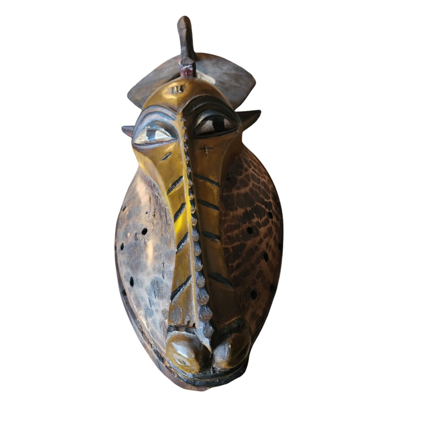African Antelope Mask Hand Carved Wood Tribal Wall Art Rope Hanger Vintage 26"