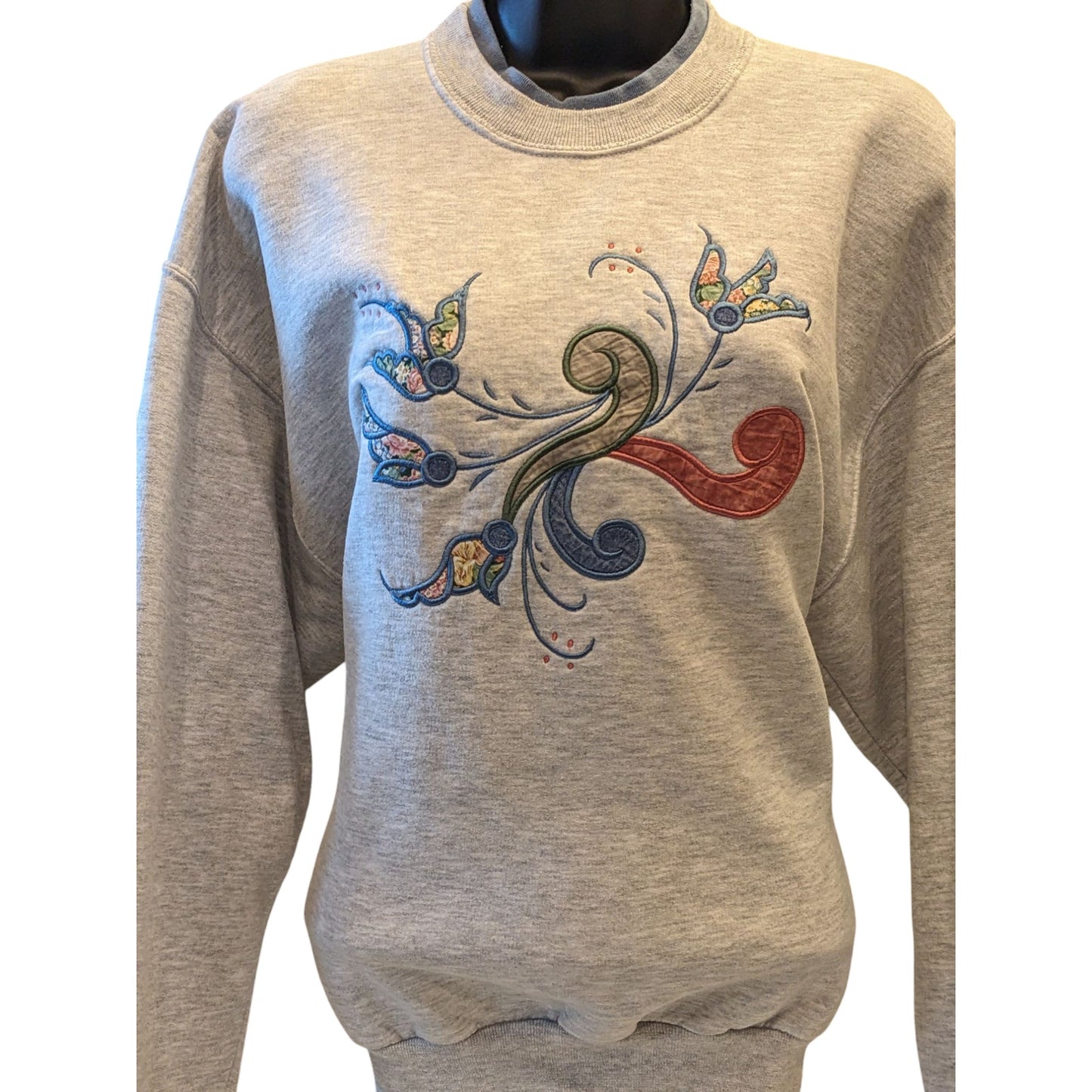 Vintage Jerzees Sweatshirt Women Large Embroidered Floral Pullover Retro 90s