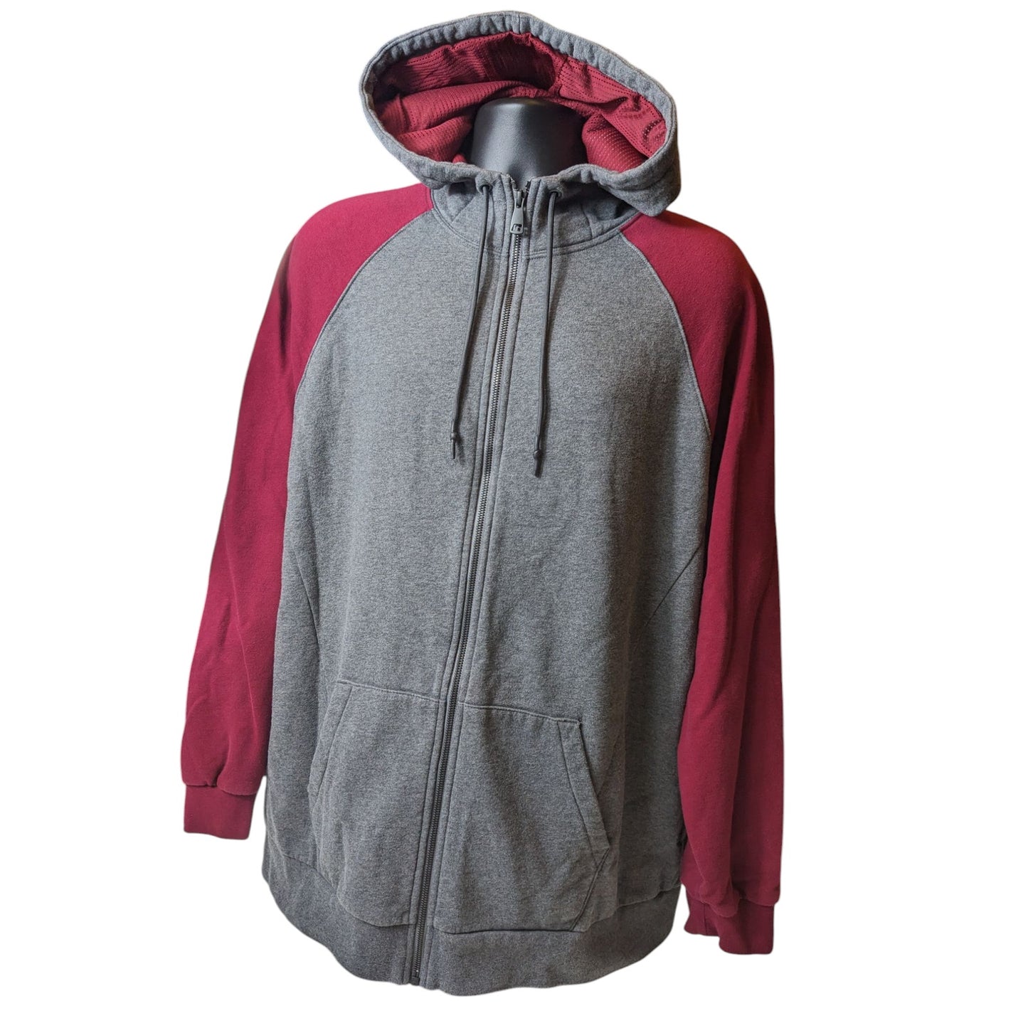 Russell Hoodie Mens 2XL Full Zip Premium Fleece Gray Maroon Hooded Sweatshirt