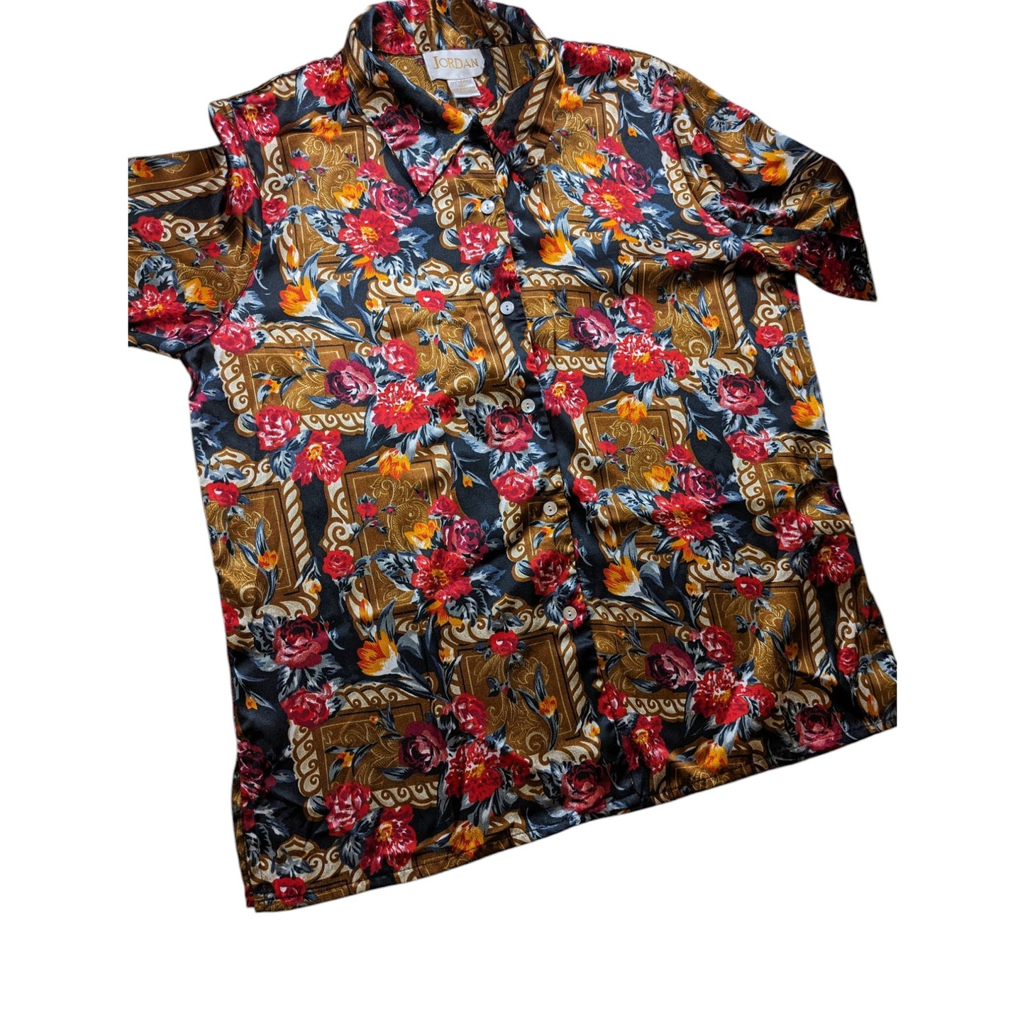 Jordan Blouse Shirt Women XL Button Floral Baroque Long Sleeve Silky Polyester