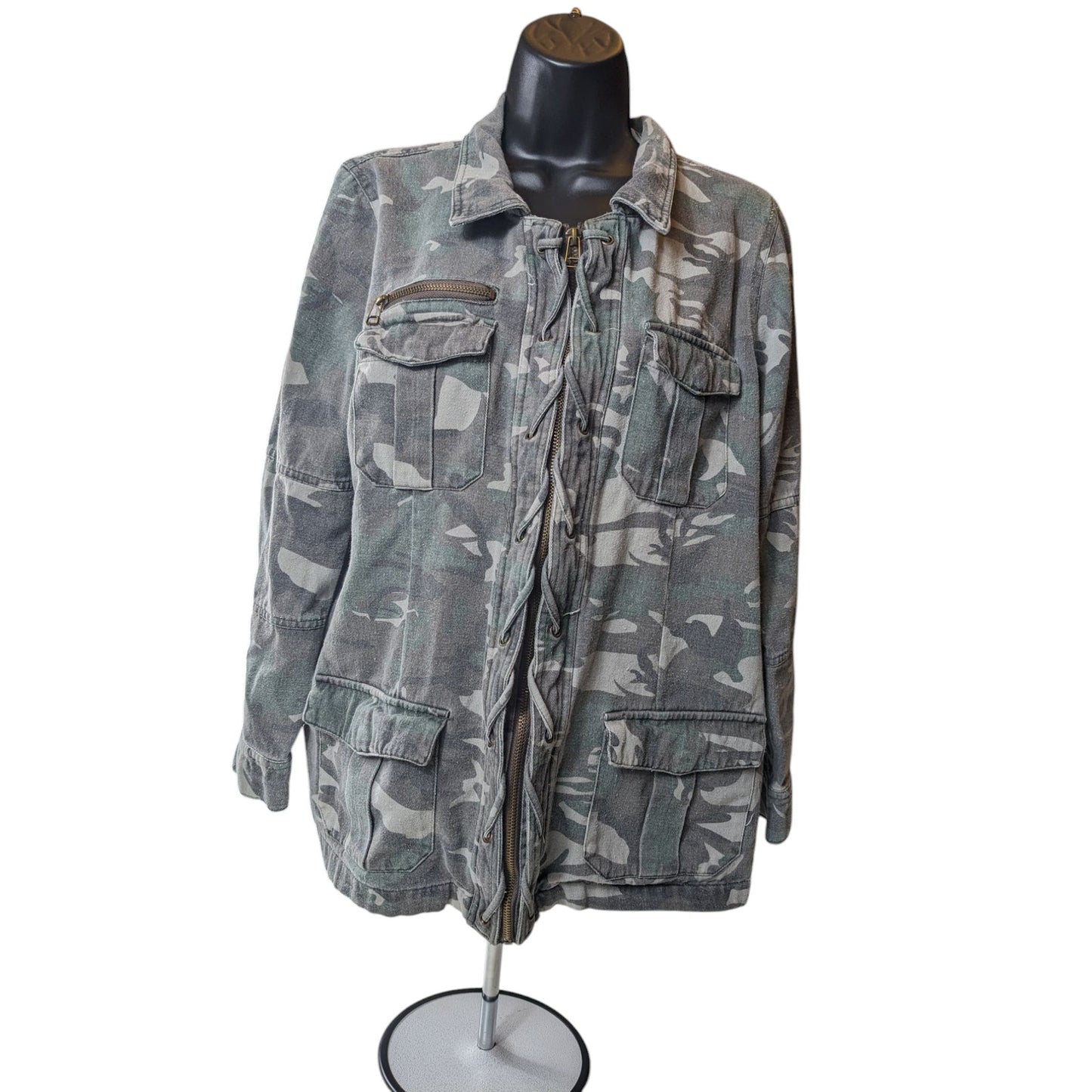 BKE Camo Utility Jacket Womens Large Military Style Zip Up Field Coat Sweatshirt