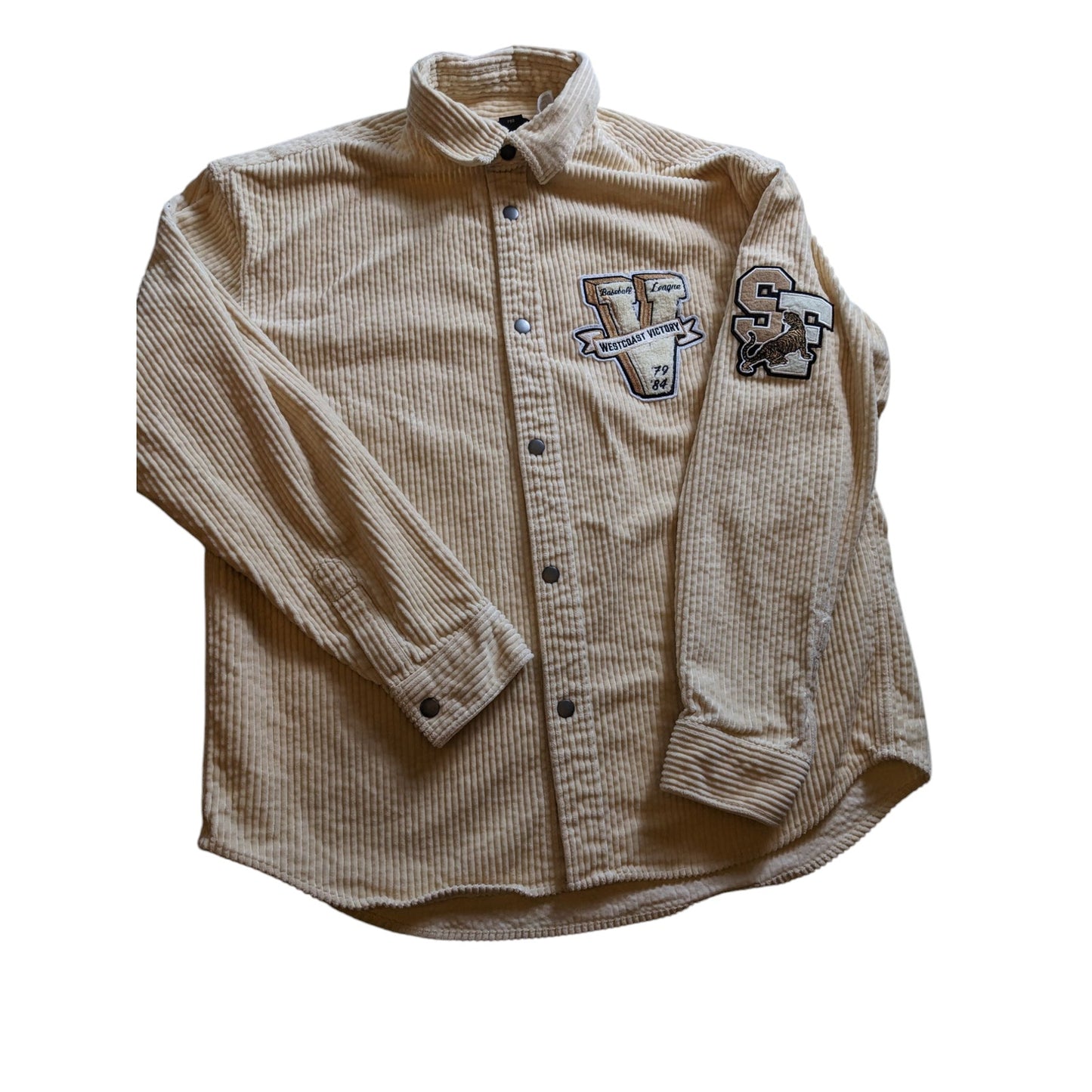 H&M Varsity Corduroy Shirt Jacket Mens Medium Snap Button Embroidered SF Tiger