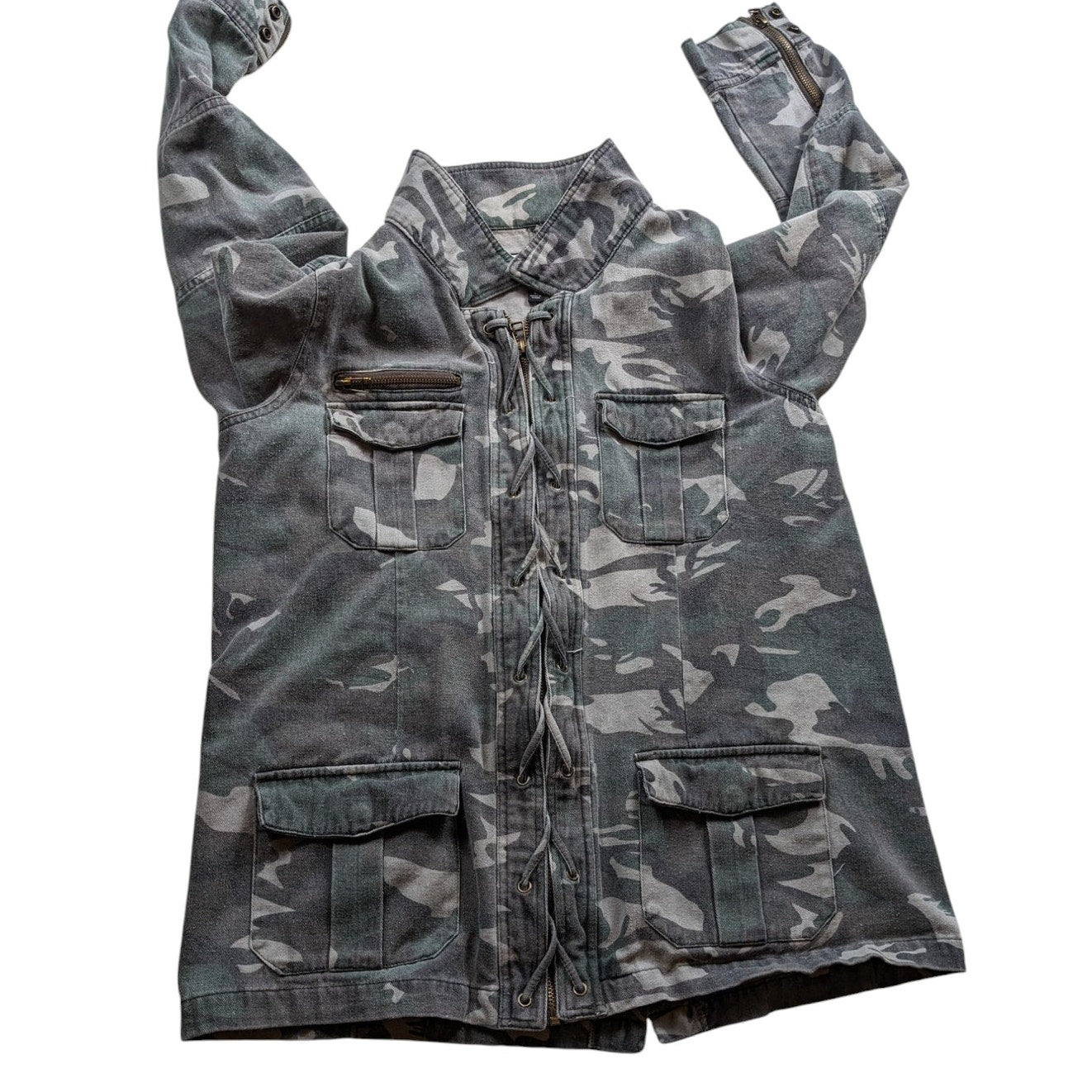 BKE Camo Utility Jacket Womens Large Military Style Zip Up Field Coat Sweatshirt