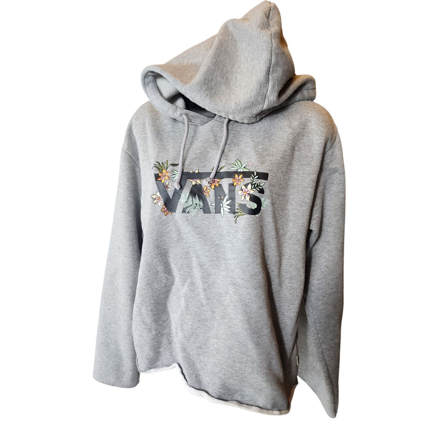VANS Hoodie Womens Medium Floral Embroidered Raw Hem Cut Off Pullover Sweatshirt