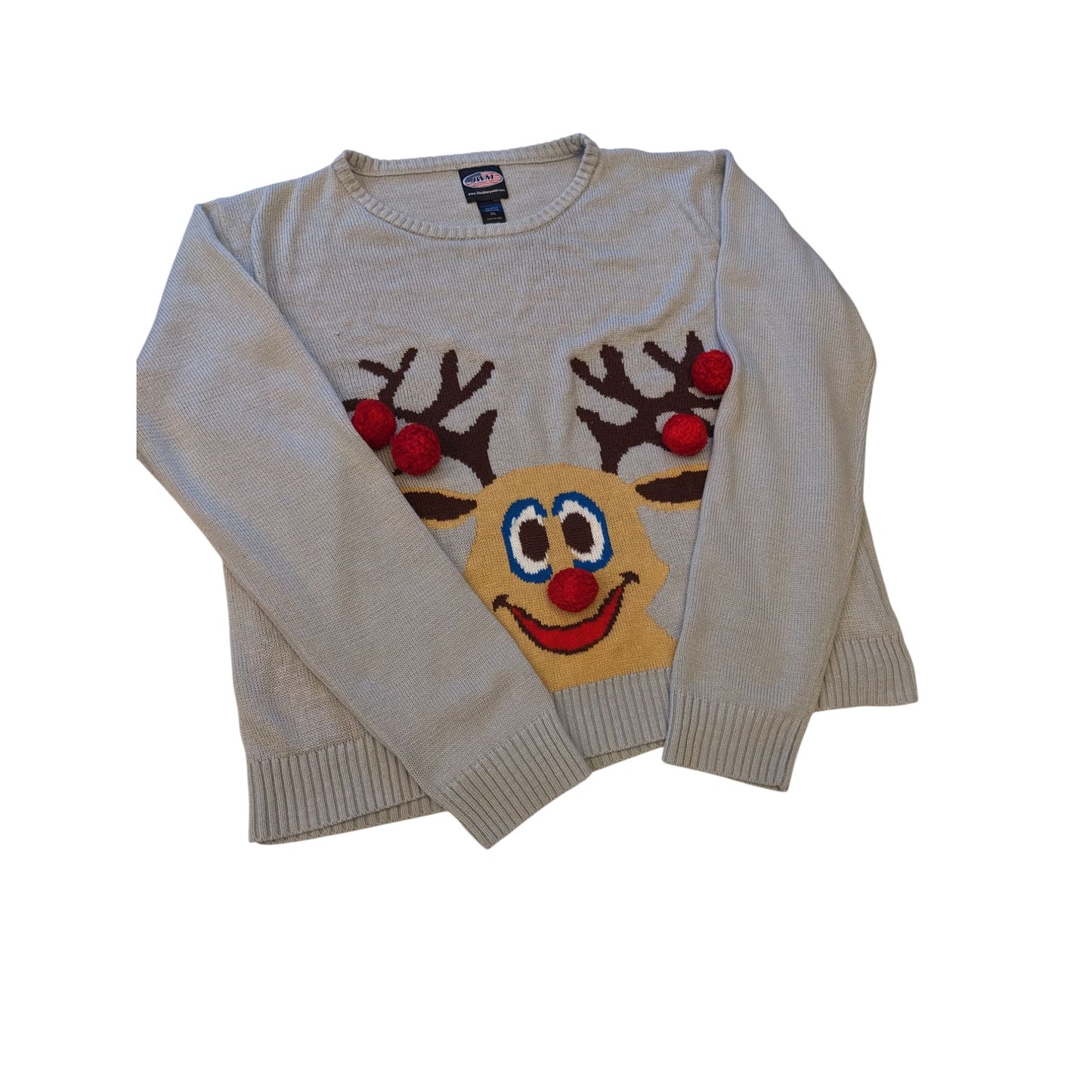 Ugly Christmas Sweater Women 2XL Reindeer 3D PomPom Acrylic Pullover Long Sleeve