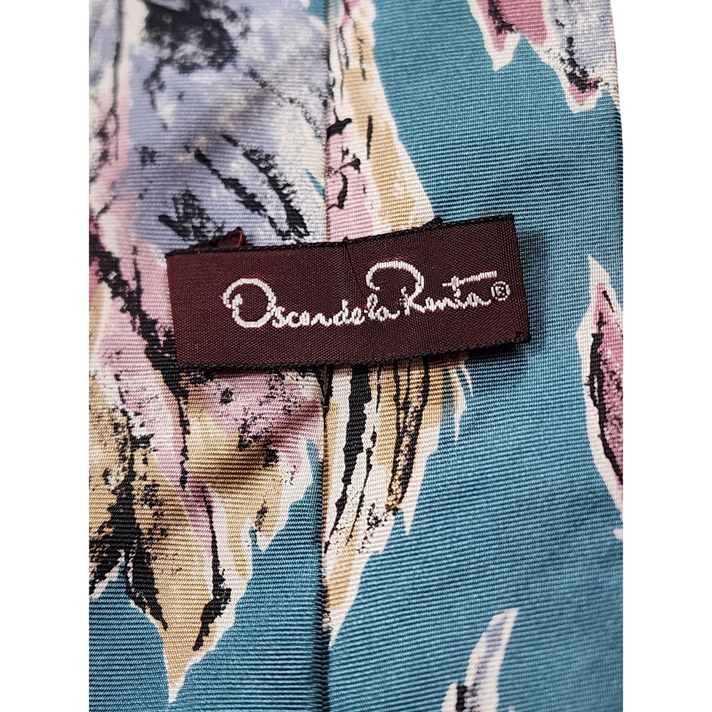 Oscar de la Renta Mens Tie Vintage Floral Print Teal Pink Neckwear Necktie