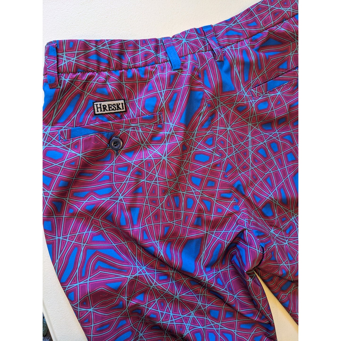 Hreski Golf Pants Mens 32 Bold Purple Blue Abstract Geometric Polyester Spandex