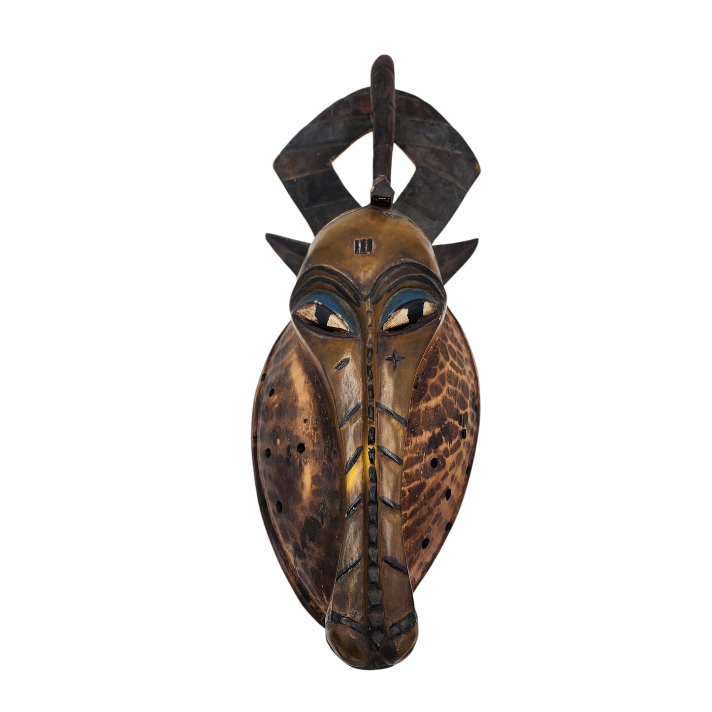 African Antelope Mask Hand Carved Wood Tribal Wall Art Rope Hanger Vintage 26"