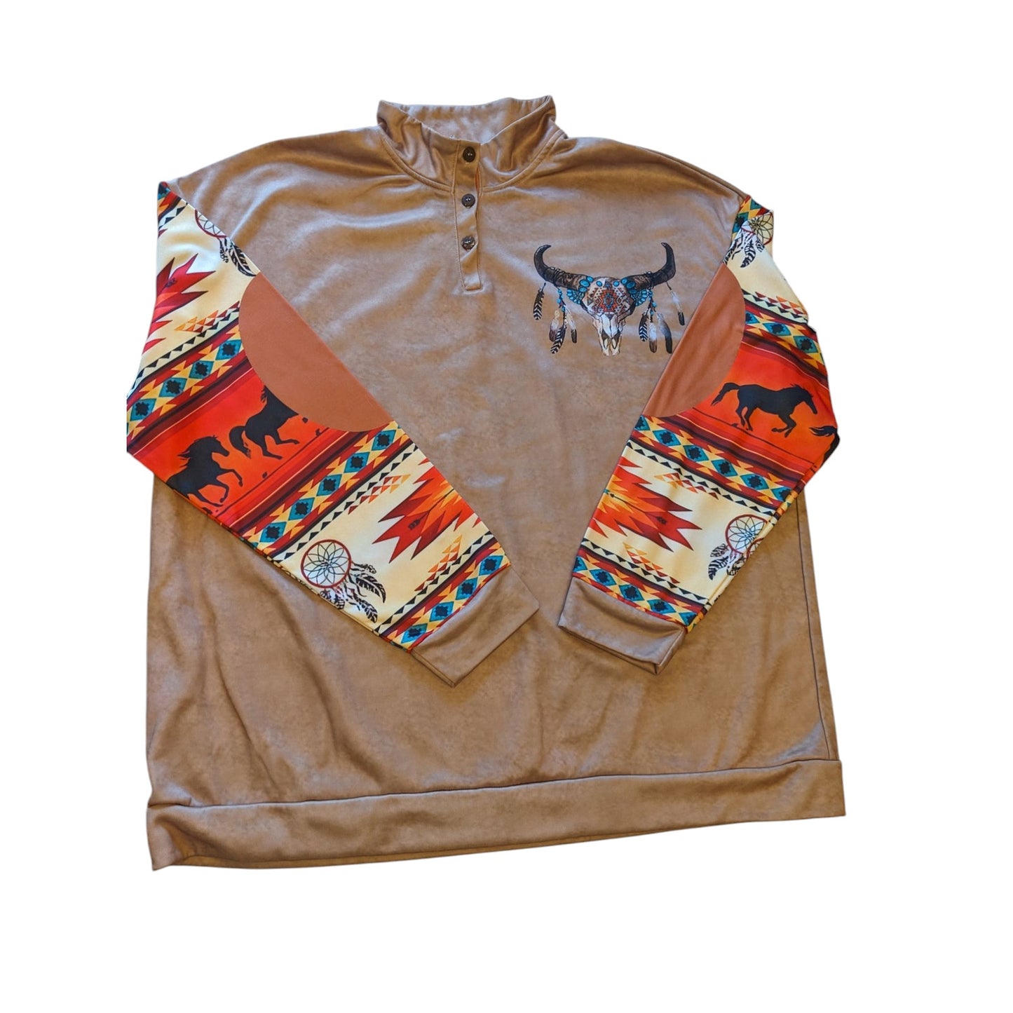 Western Pullover Shirt Sweatshirt Men 3XL Long Sleeve Aztec Skull Southwest Boho