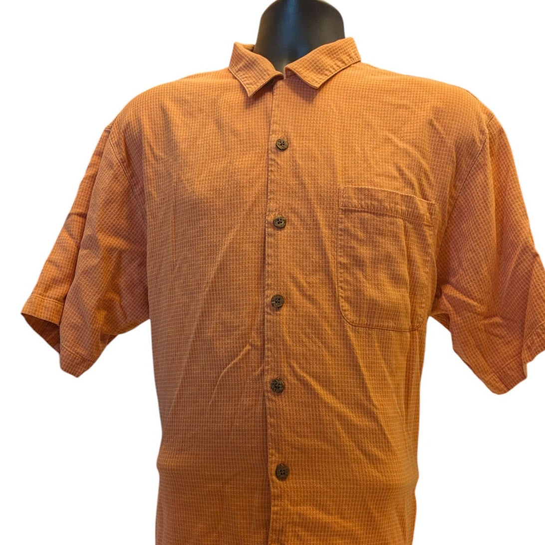Tommy Bahama Silk Shirt Mens Large Orange Check Short Sleeve Button Beach Resort